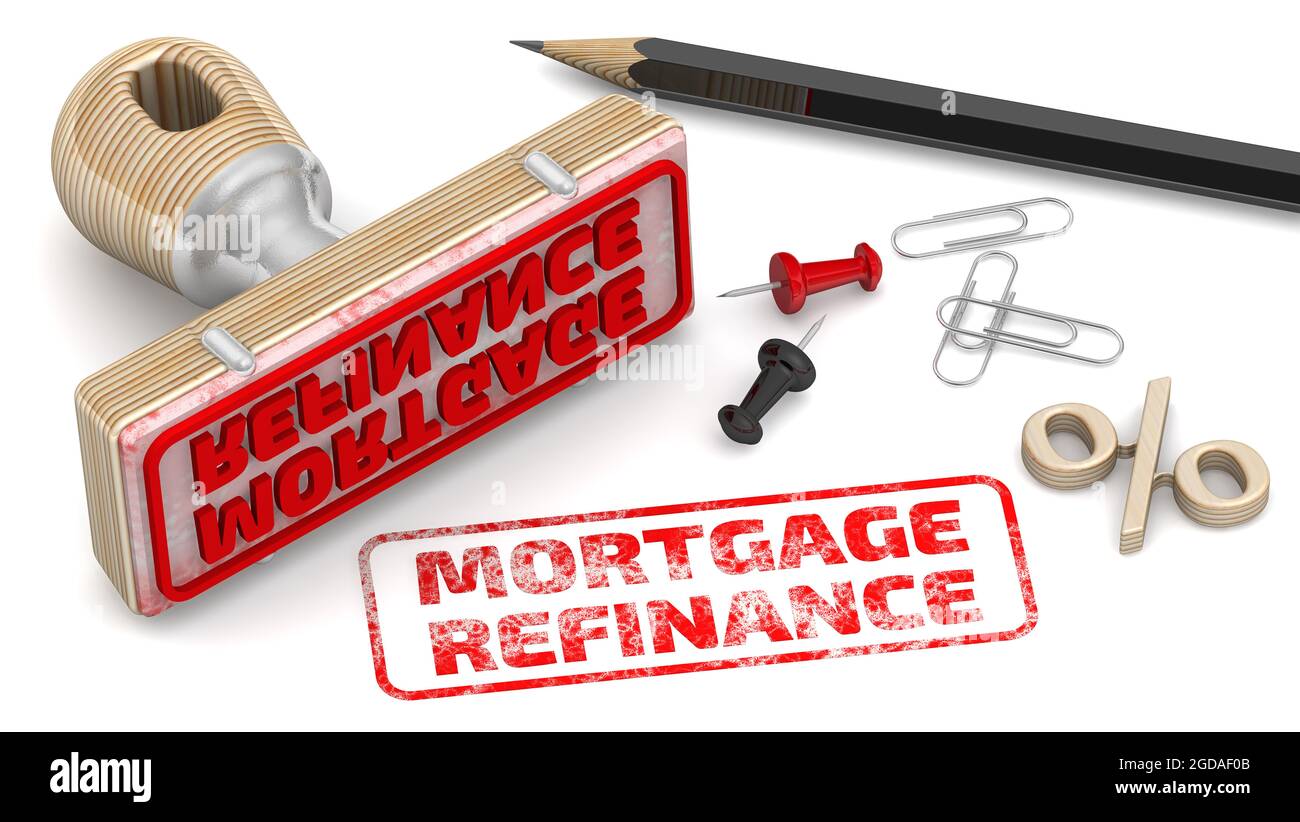 Mortgage refinance. The stamp and an imprint. Wooden stamp and red imprint MORTGAGE REFINANCE on white surface. 3D illustration Stock Photo