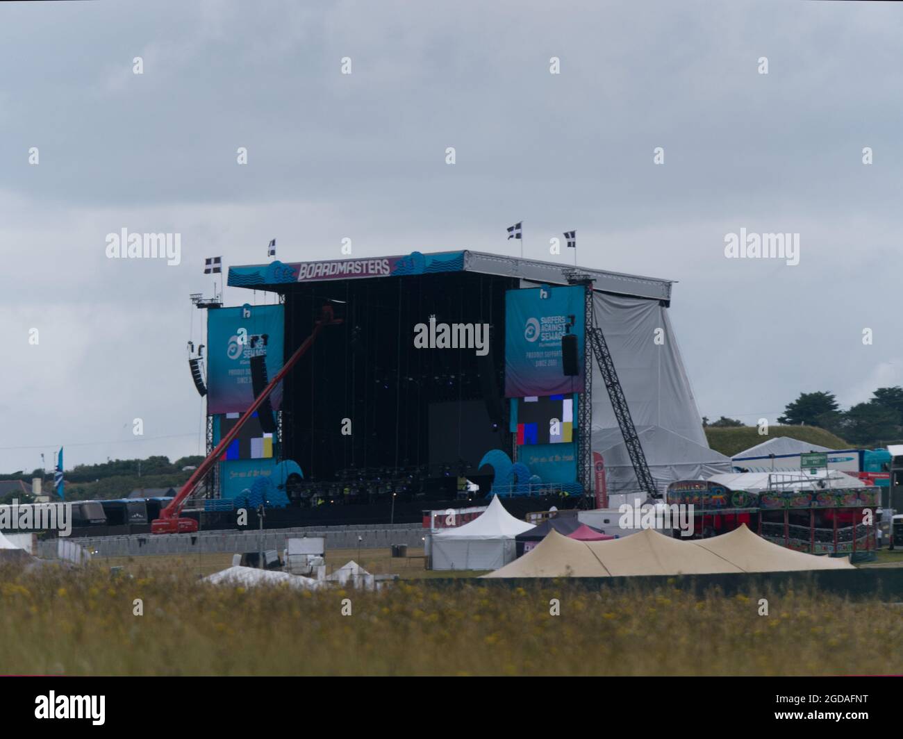 Newquay, Cornwall. 12:00 hours. The Boardmasters 2021 Music and surf festival near Watergate Bay. A Tent and Tipi village created on adjacent farmland to accommadate the tens of thousands expected. Foals Gorillaz and Jorja Smith headline. the Kooks.Also Loyle Carner, Jaie xx, Lianne La Havas an  12th August 2021. Credit: Robert Taylor/Alamy Live News Stock Photo