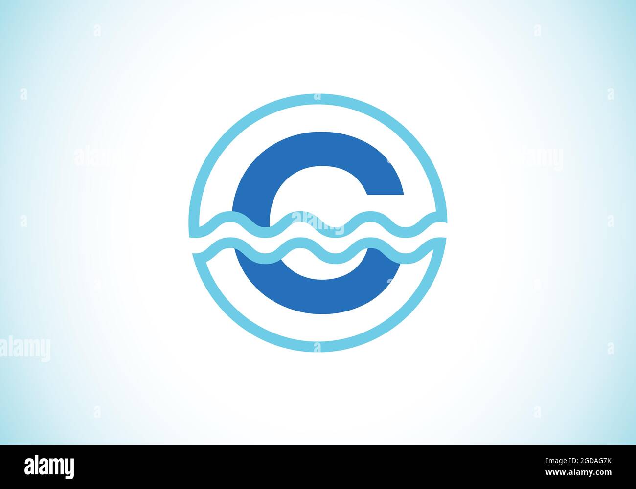 Initial C monogram alphabet in a circle with water waves. Water wave ...