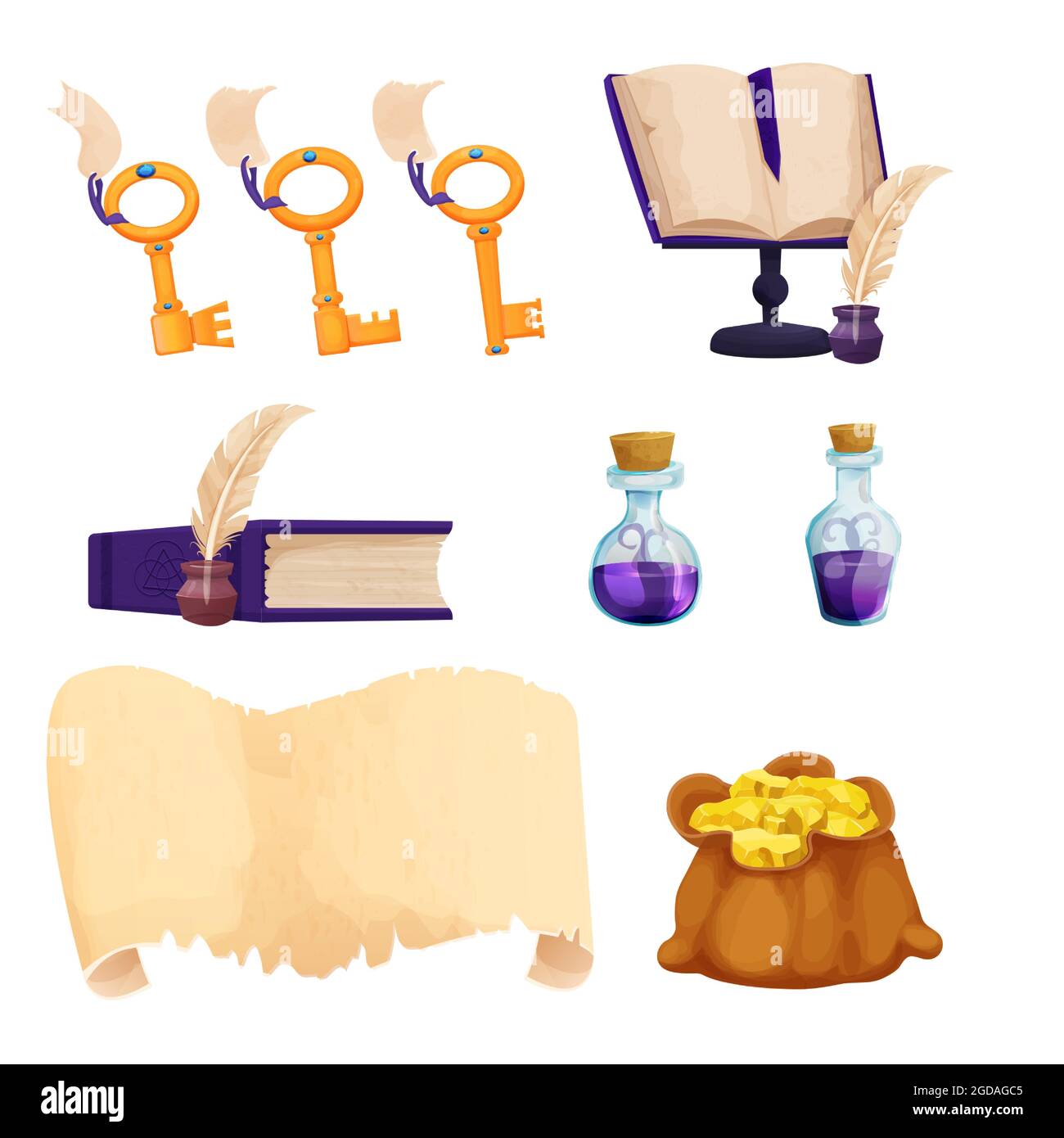 Set Witchcraft tools Magic Bottles with liquid potion, parchment scroll, quill, old books, gold keys and bag with treasure in cartoon style isolated on white background. alchemy asset. Vector illustration Stock Vector