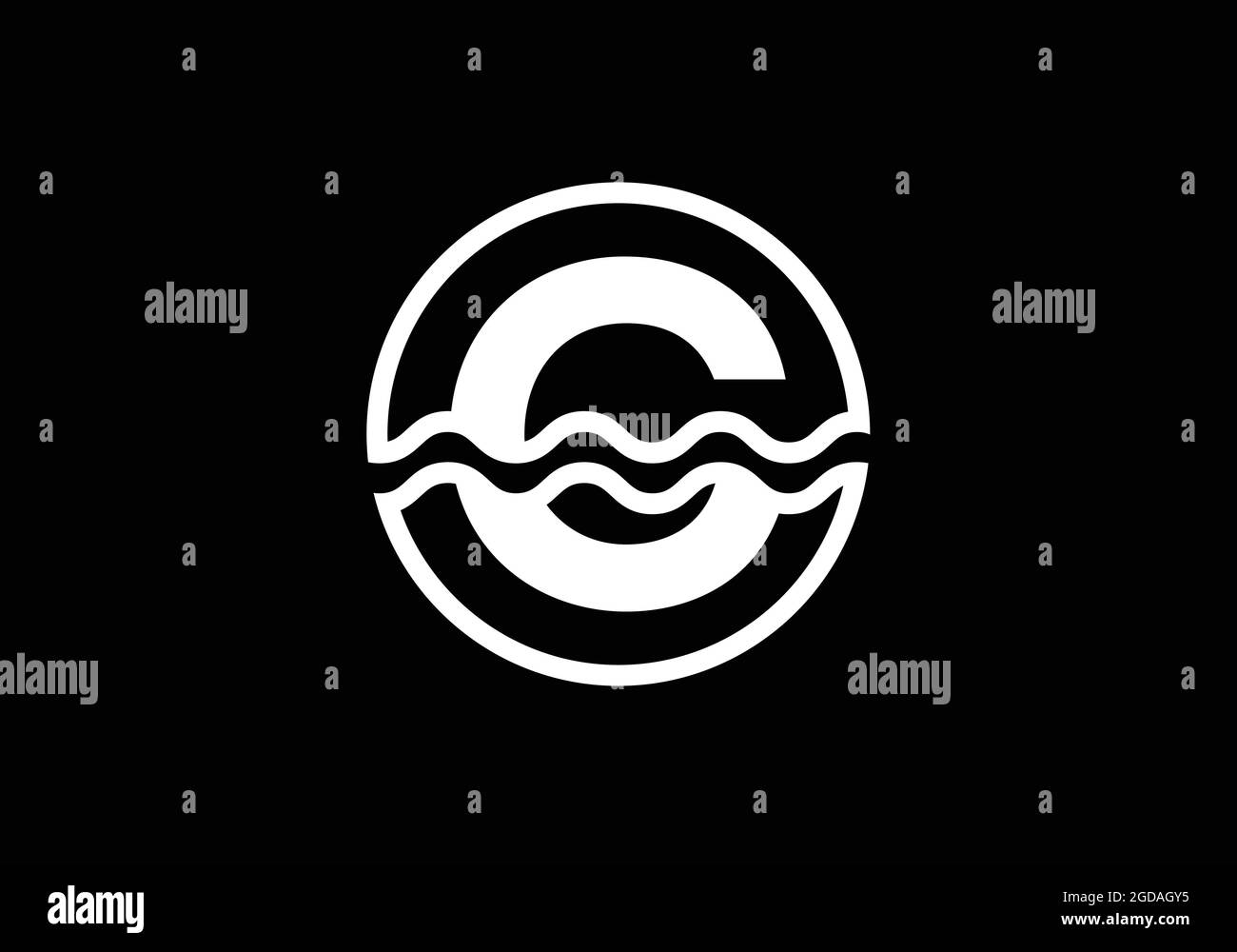 Initial C monogram alphabet in a circle with water waves. Water wave ...