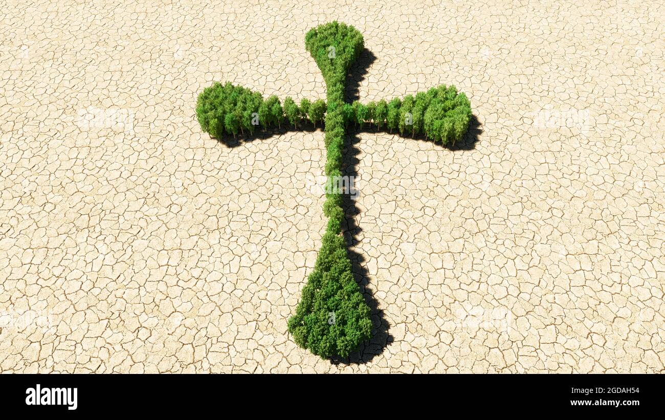 Concept or conceptual group of green forest tree on dry ground background as sign of religious christian cross. A 3d illustration metaphor for God Stock Photo