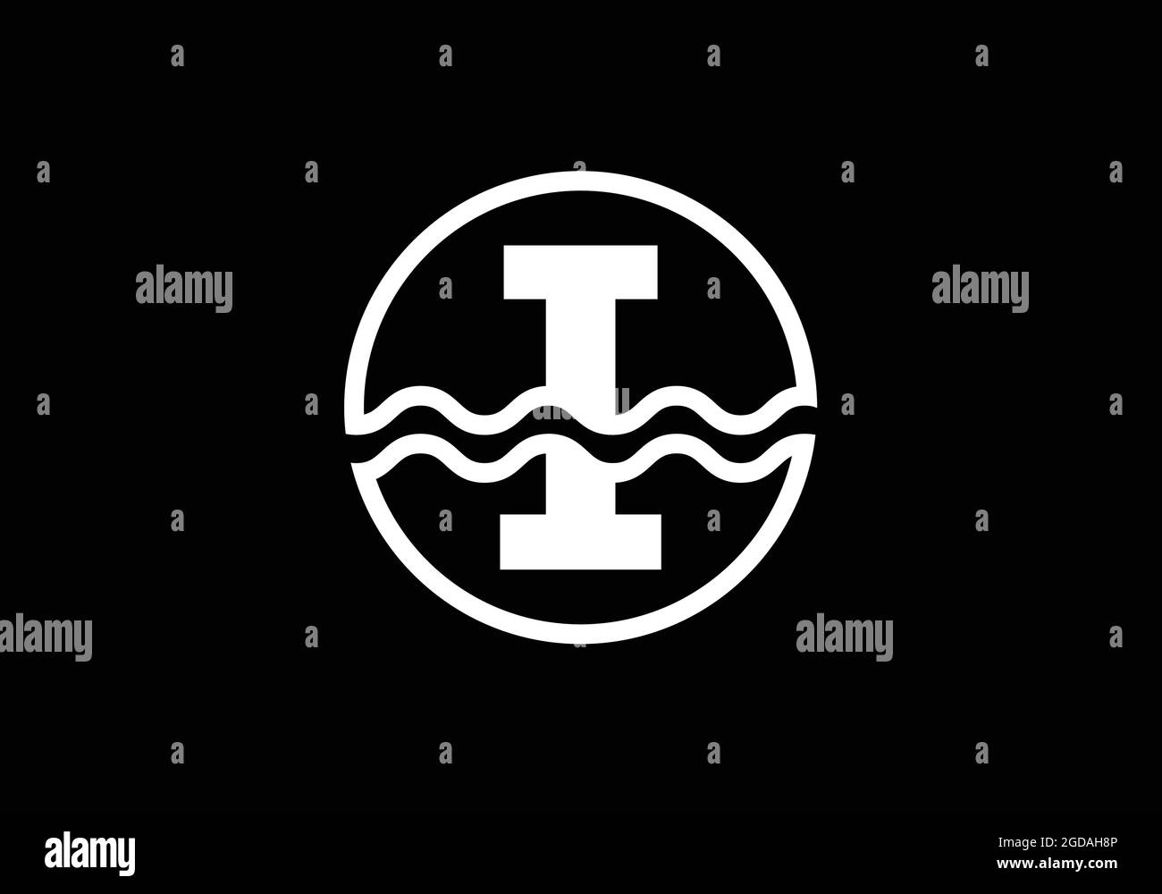 Initial I monogram alphabet in a circle with water waves. Water wave ...