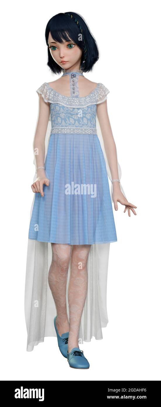 Doll Renders 3D rendering of a pretty doll in a blue vintage dress isolated on white ...