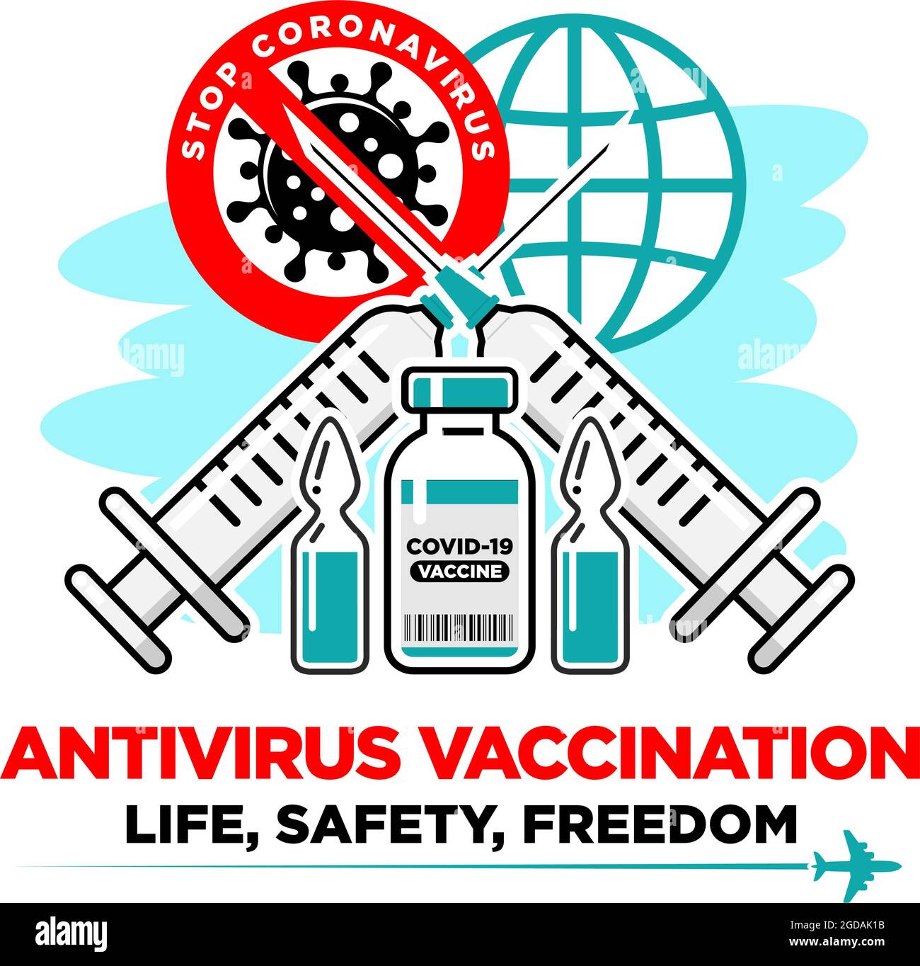 COVID-19 global vaccination concept. Medical syringe with needle, Vial and bottle with the drug against coronavirus. Life, safety, freedom travel. Vec Stock Vector