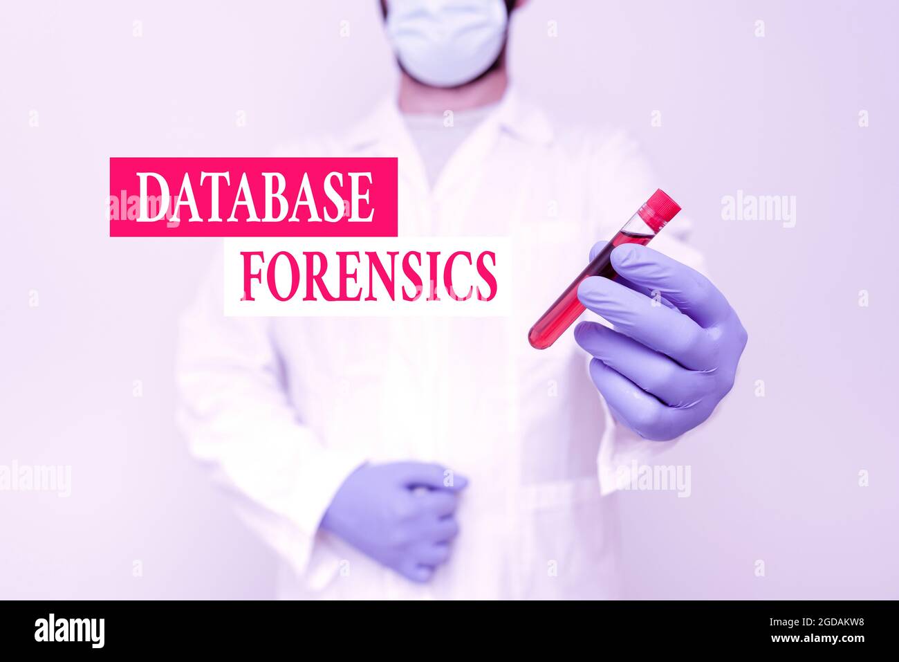Handwriting text Database Forensics. Word Written on identifying transactions within a database system Chemist Presenting Blood Sample, Scientist Stock Photo