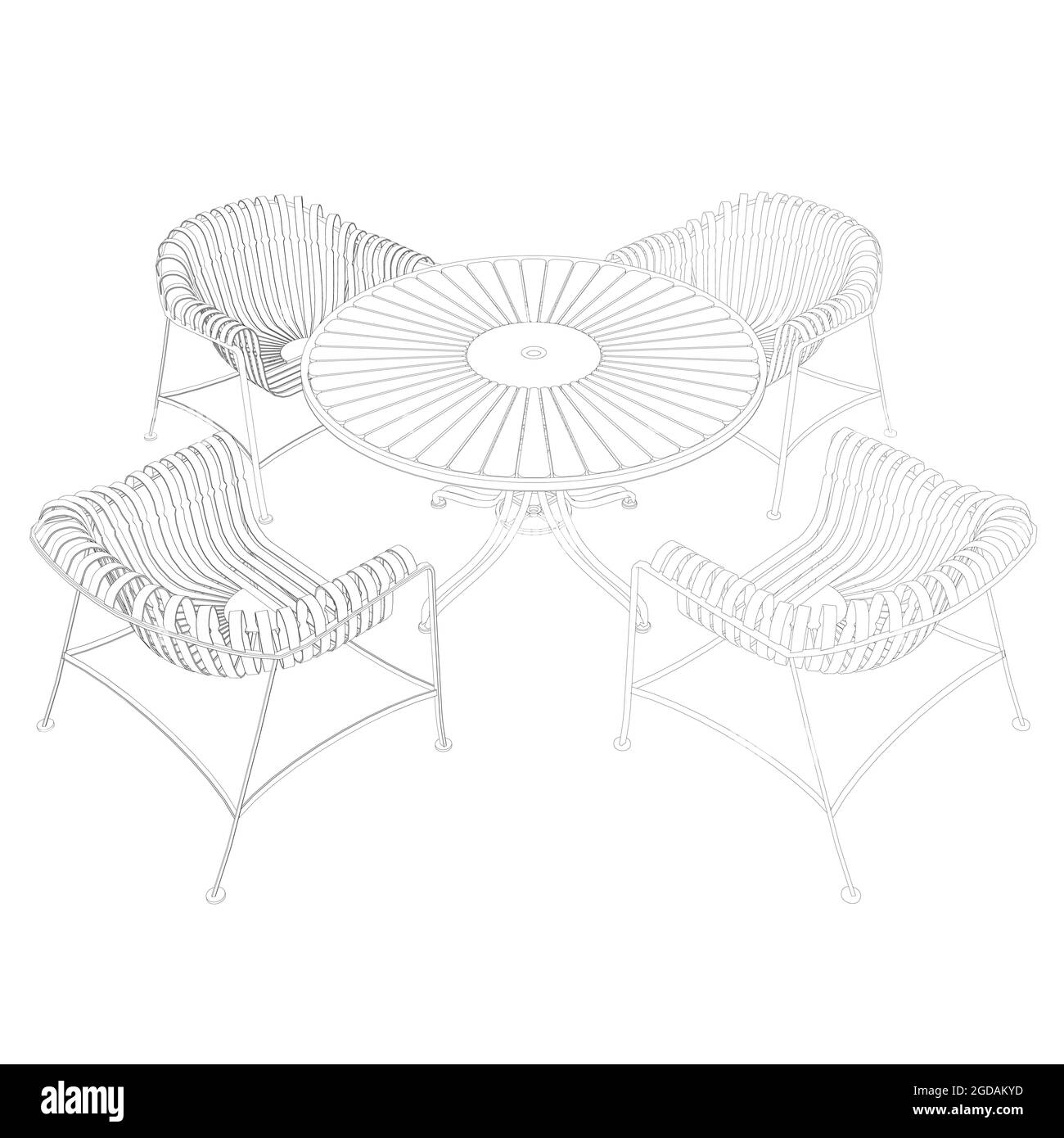 Outline summer table with four chairs isolated on white background. Perspective view. Vector illustration. Stock Vector