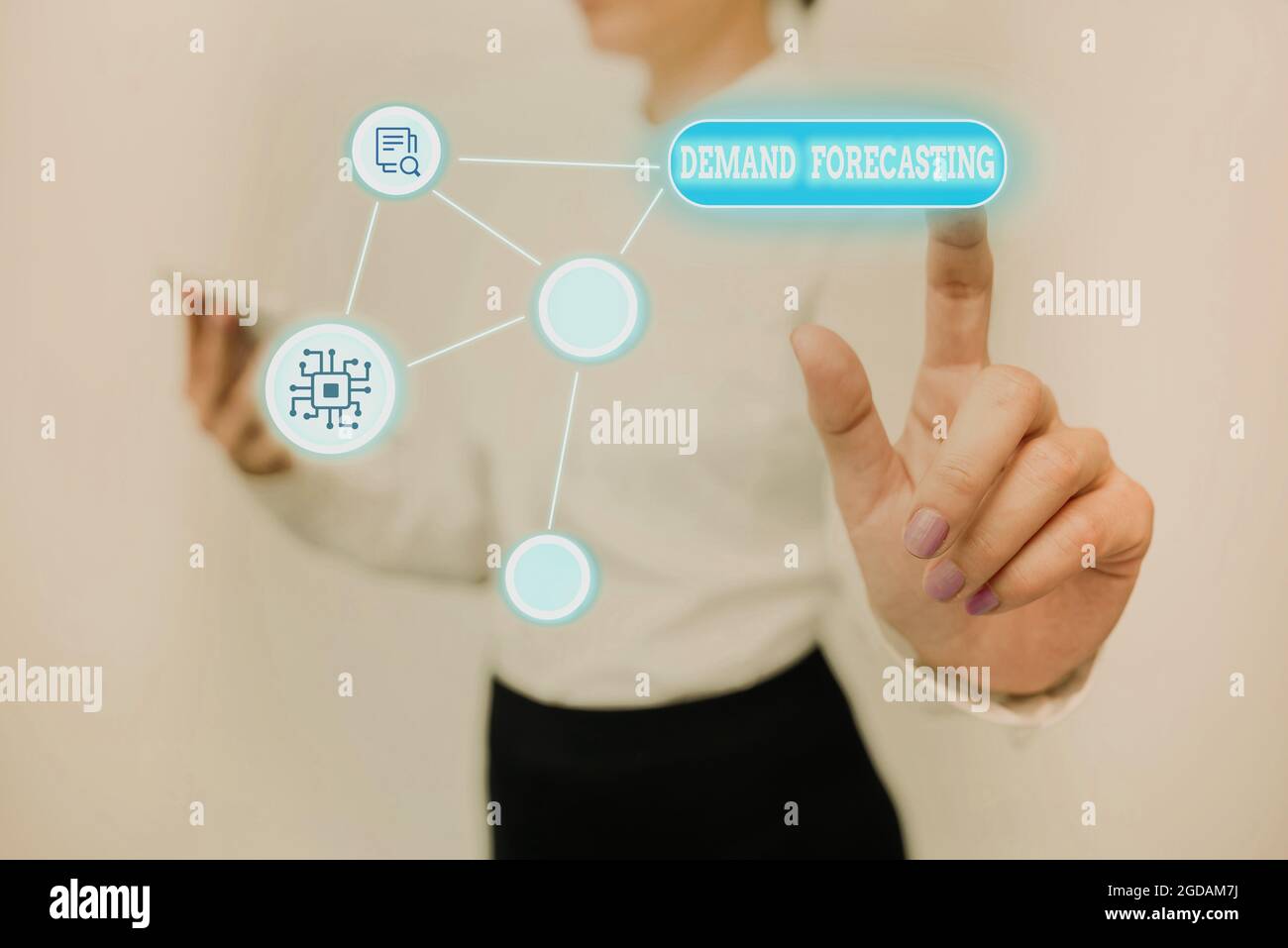 Hand writing sign Demand Forecasting. Internet Concept predict customer demand to optimize supply decisions Lady Holding Tablet Pressing On Virtual Stock Photo