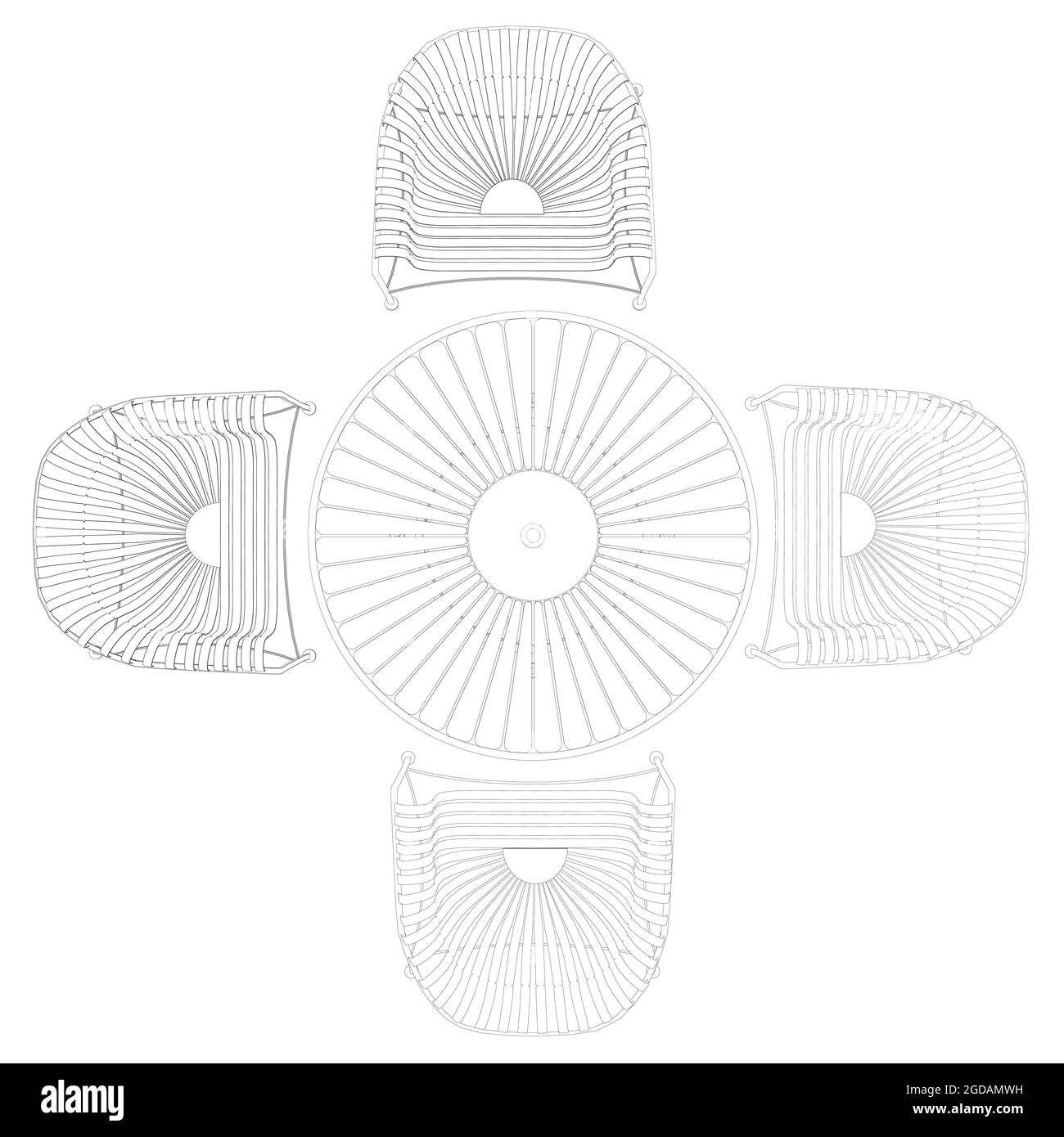 Outline summer table with four chairs isolated on white background. View from above. Vector illustration. Stock Vector
