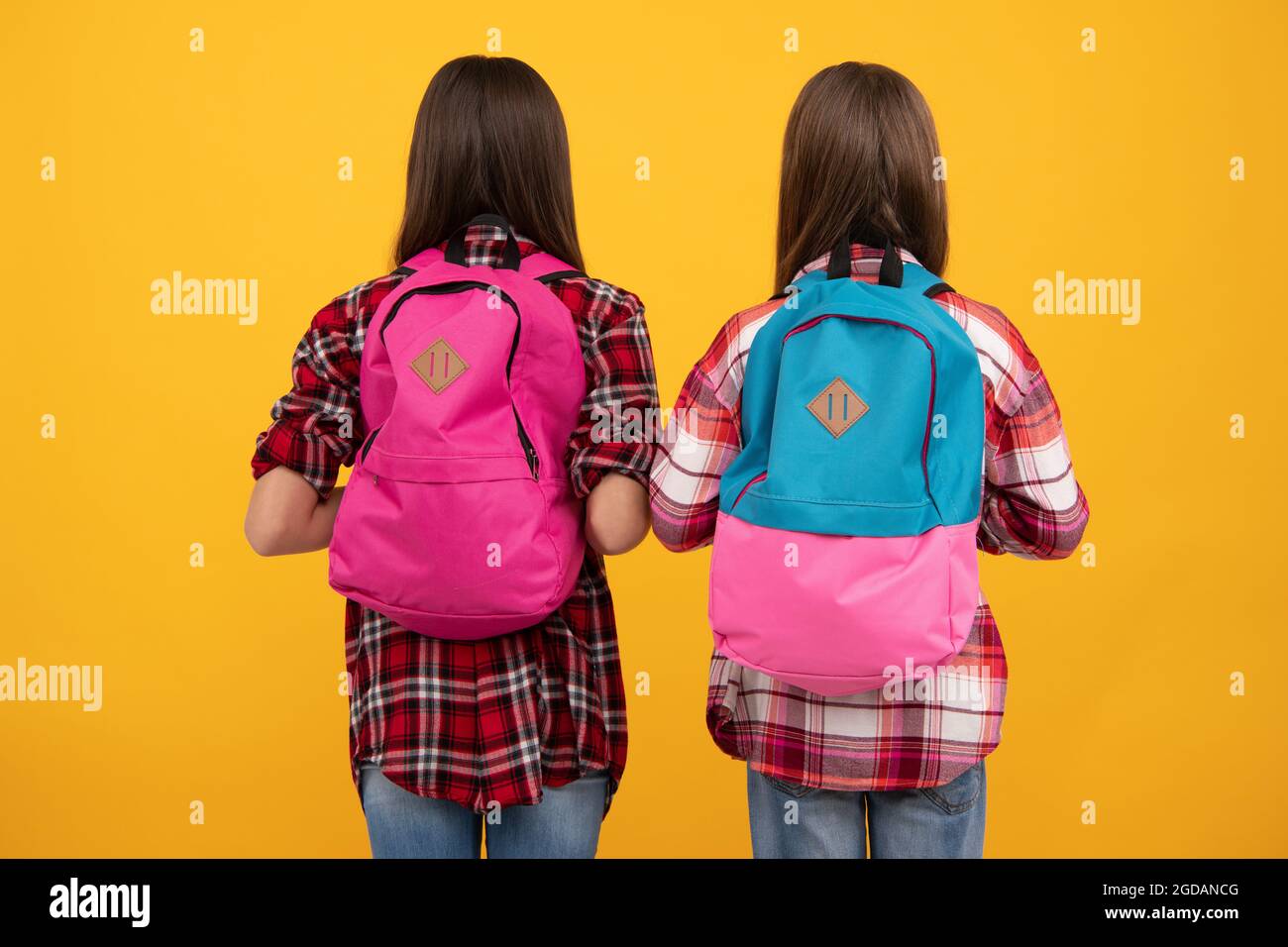 back view of teen girls in casual checkered shirt carry backpack, knowledge Stock Photo