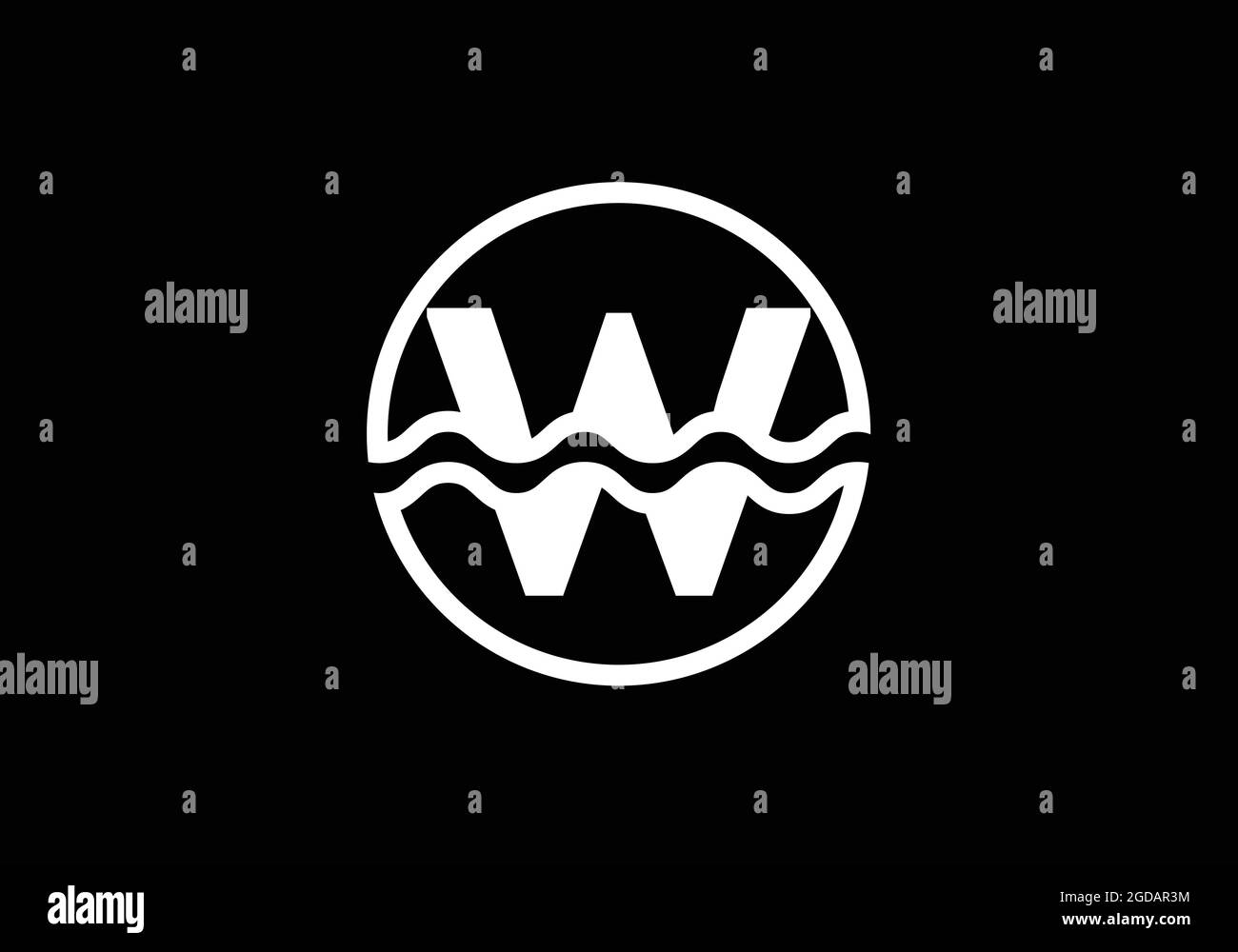 Initial W monogram alphabet in a circle with water waves. Water wave ...