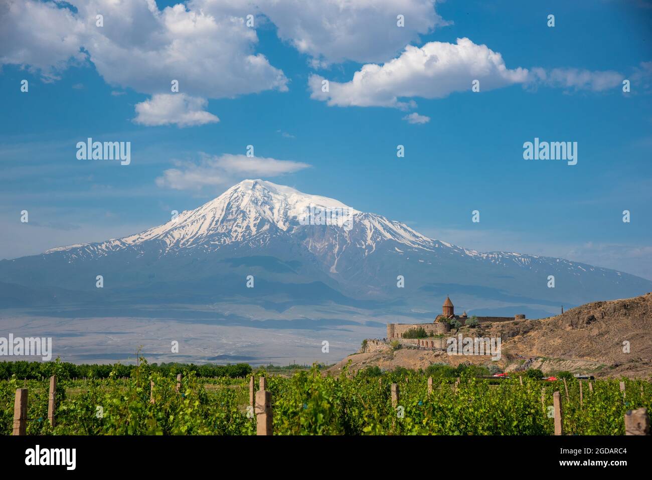 Mighty Mt Ararat volcano seen behind medieval Khor Virap monastery Stock Photo