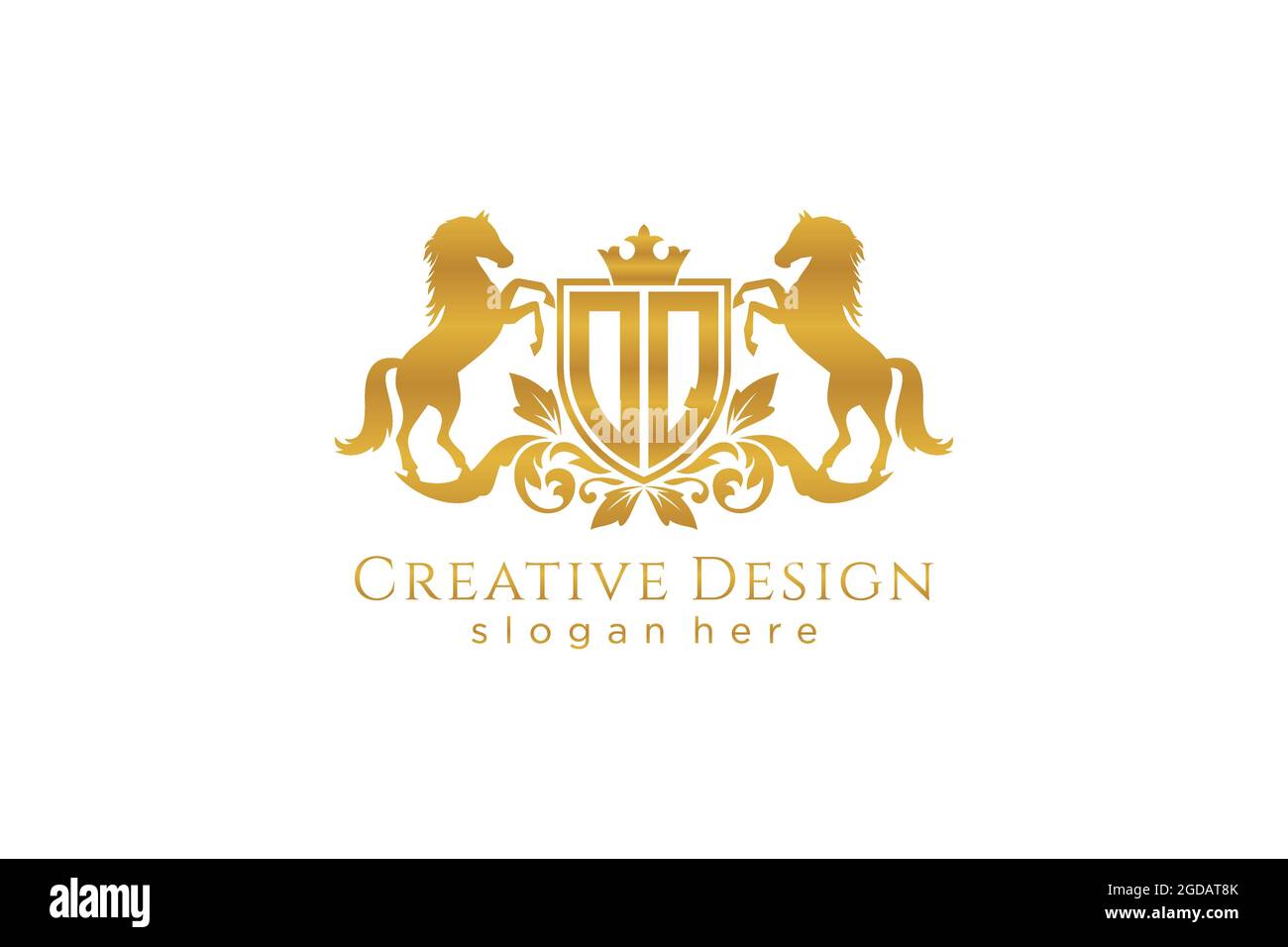 OQ Retro golden crest with shield and two horses, badge template with scrolls and royal crown - perfect for luxurious branding projects Stock Vector