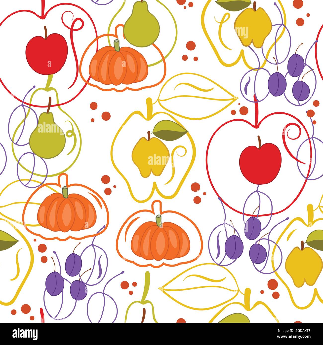 Autumn specific design with apples, pears, plums, quinces and pumpkins on a transparent background Stock Vector