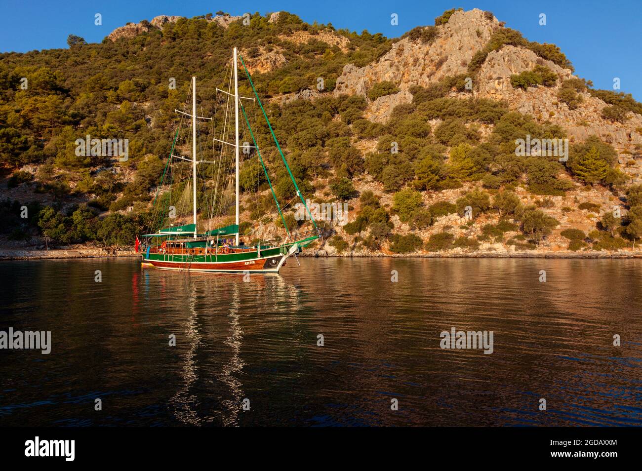 Gulet Asfiye on the Turquoise coast near Gocek Bay Turkey Stock Photo