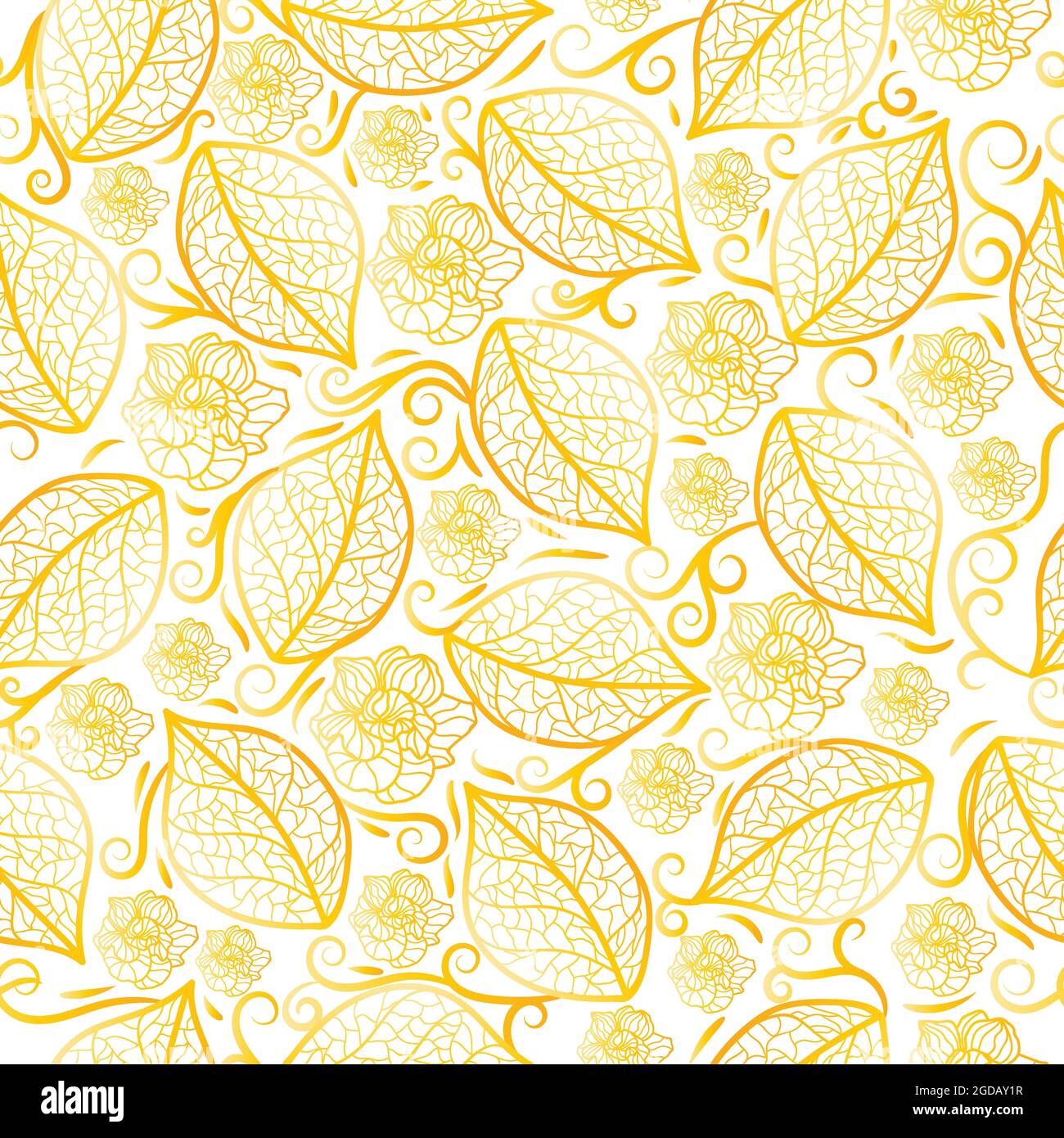 Pattern with contours of leaves and filigree roses in a gold gradient