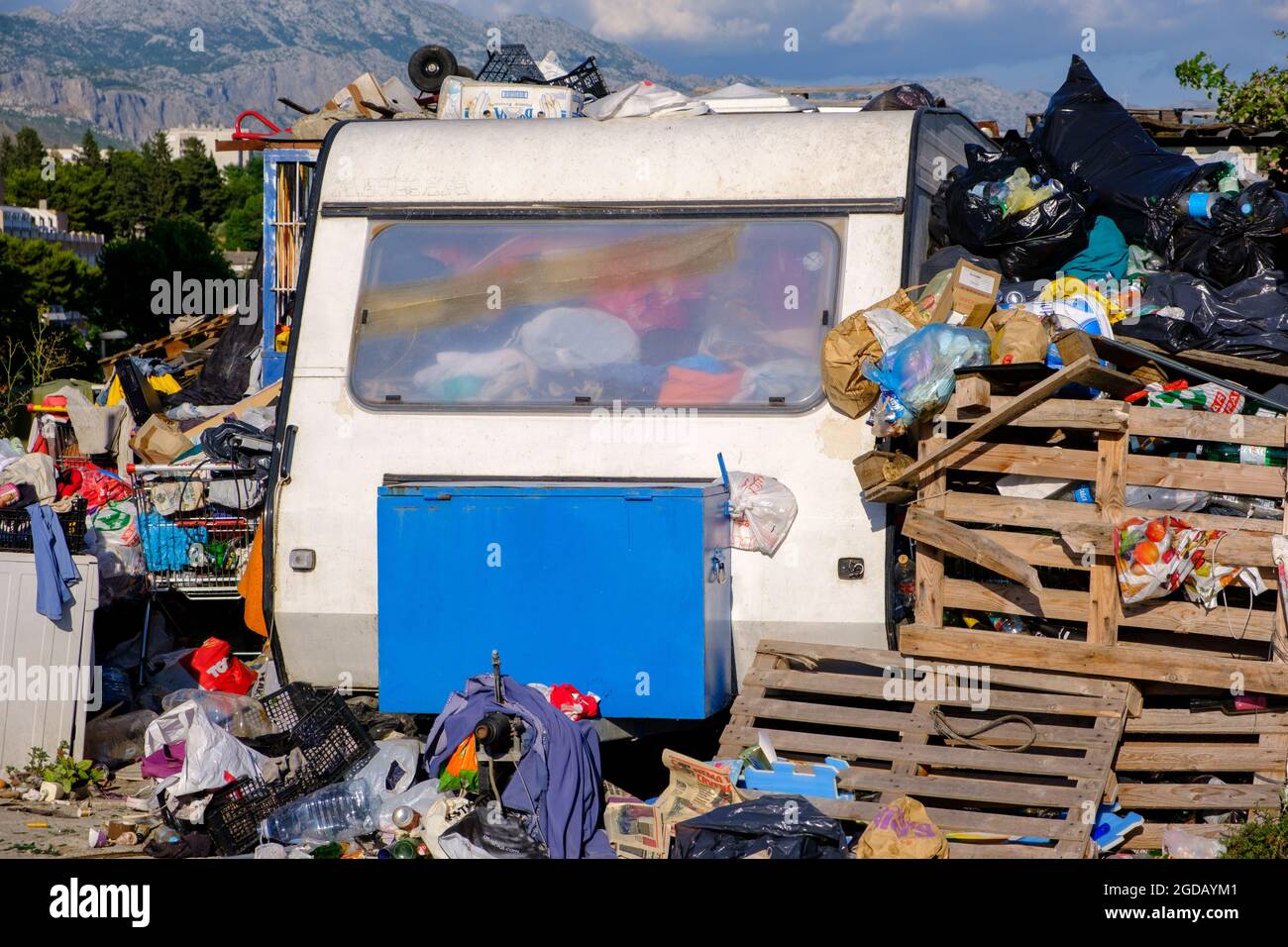 Small caravan in Split,  Croatia full of horded posessions, 2021 Stock Photo