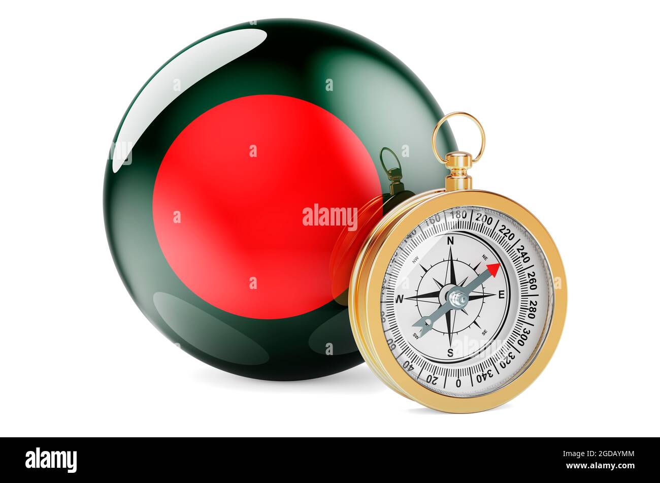 Compass with Bangladeshi flag. Travel and tourism in Bangladesh concept. 3D rendering isolated