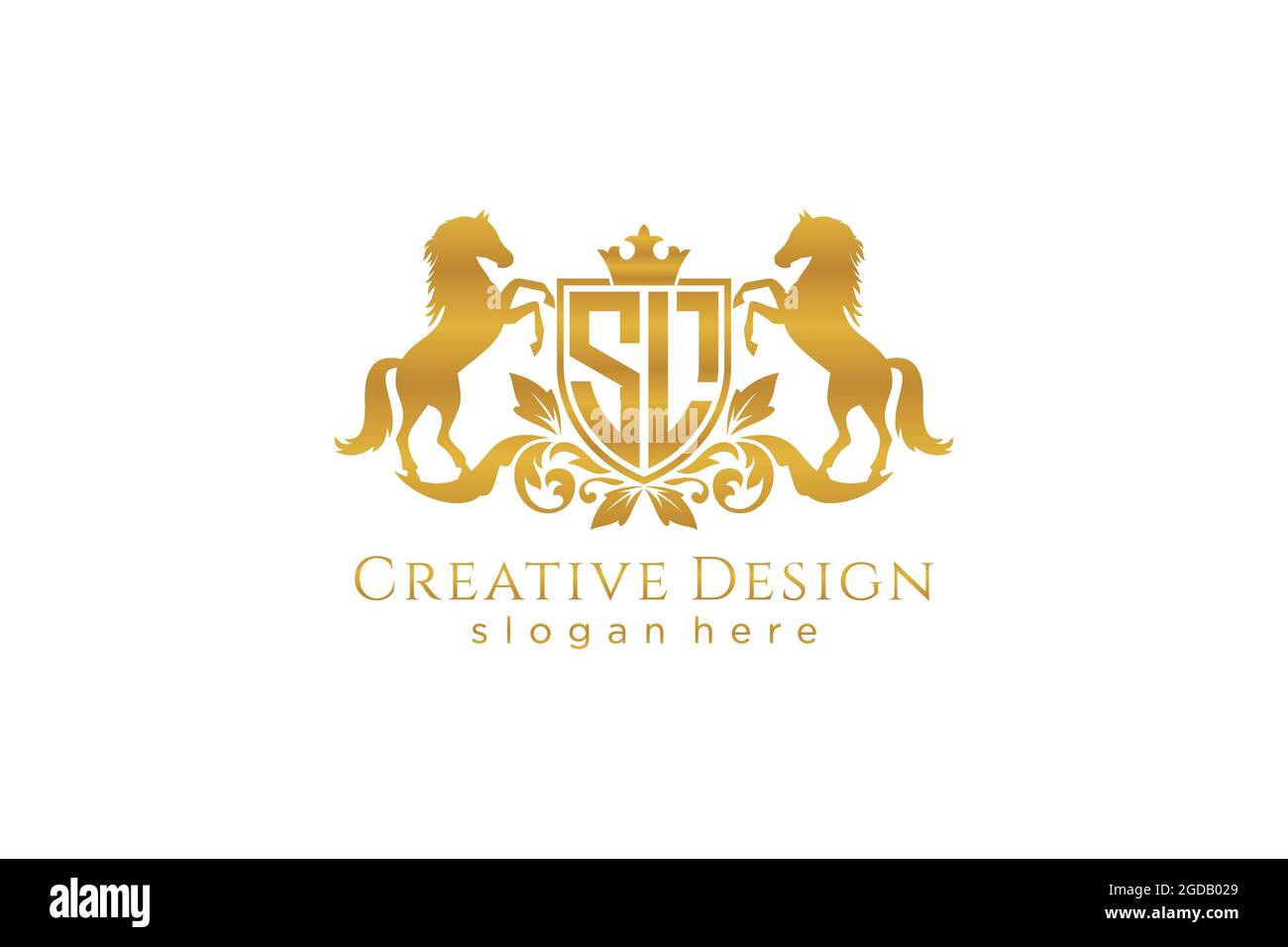 SL Retro golden crest with shield and two horses, badge template with scrolls and royal crown - perfect for luxurious branding projects Stock Vector