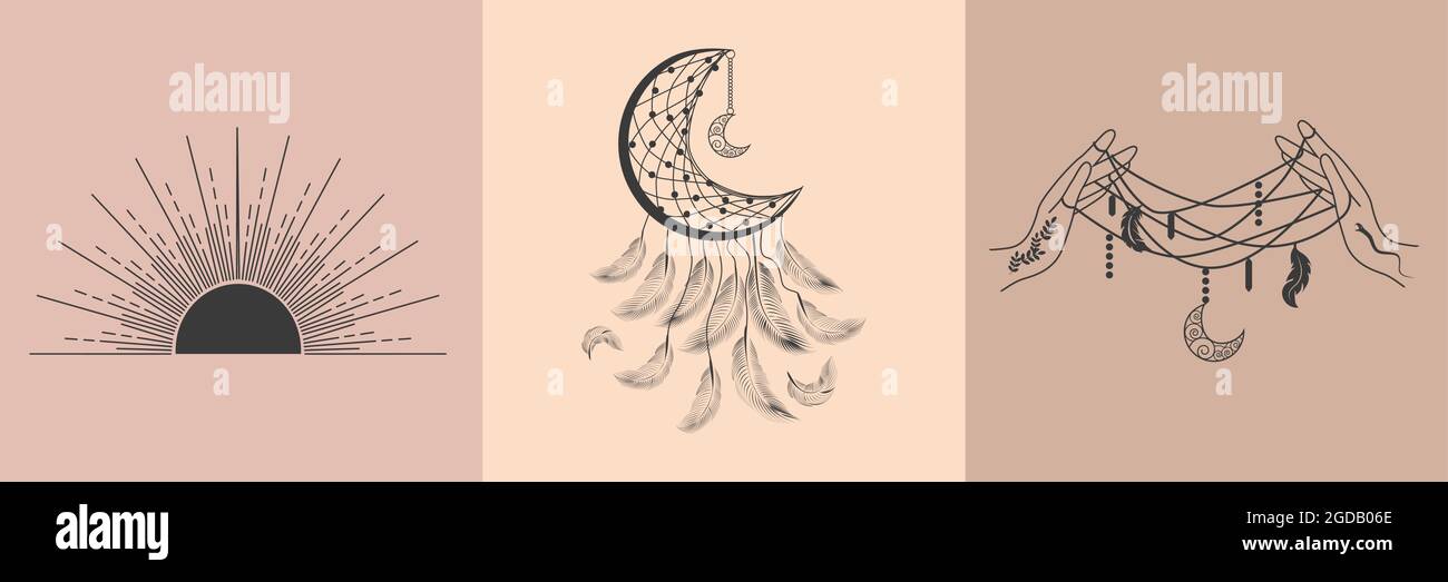 Set Of Magic Symbols Witch Tattoos Crescent Moon Sun Hands Magic Ball And Stars Linear Sketch Boho Design Modern Illustration Stock Vector Image Art Alamy
