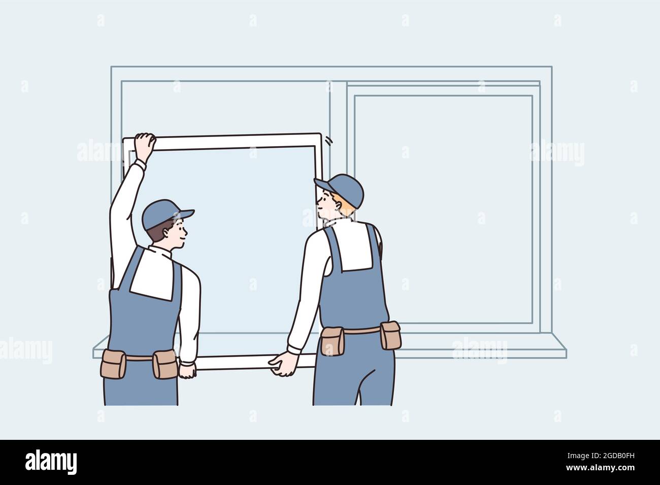Repairing and reconstruction at home concept. Two men workers in uniform standing changing window for plastic one at home or office working vector illustration  Stock Vector