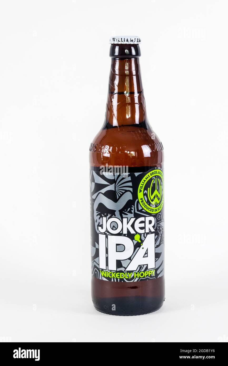 Joker IPA from Williams Bros Brewing Co in Scotland has an ABV of 5% and is described by the brewery as 'wickedly hoppy'. Stock Photo