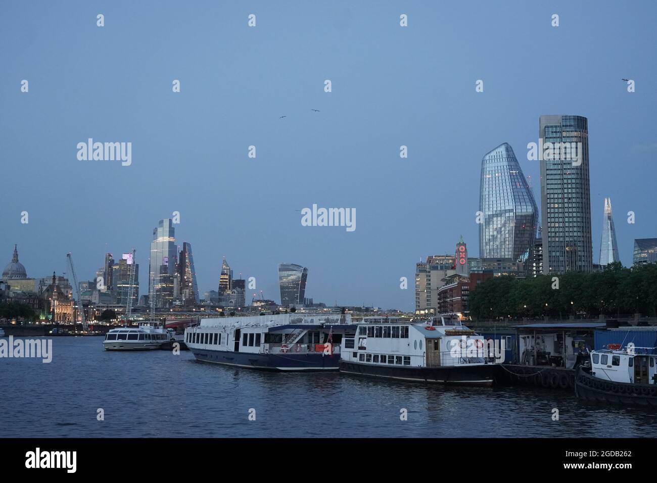 Views of the London skyline, taken from a boat on the river Thames during an evening cruise. Photo date: Friday, August 6, 2021. Photo: Richard Gray/A Stock Photo