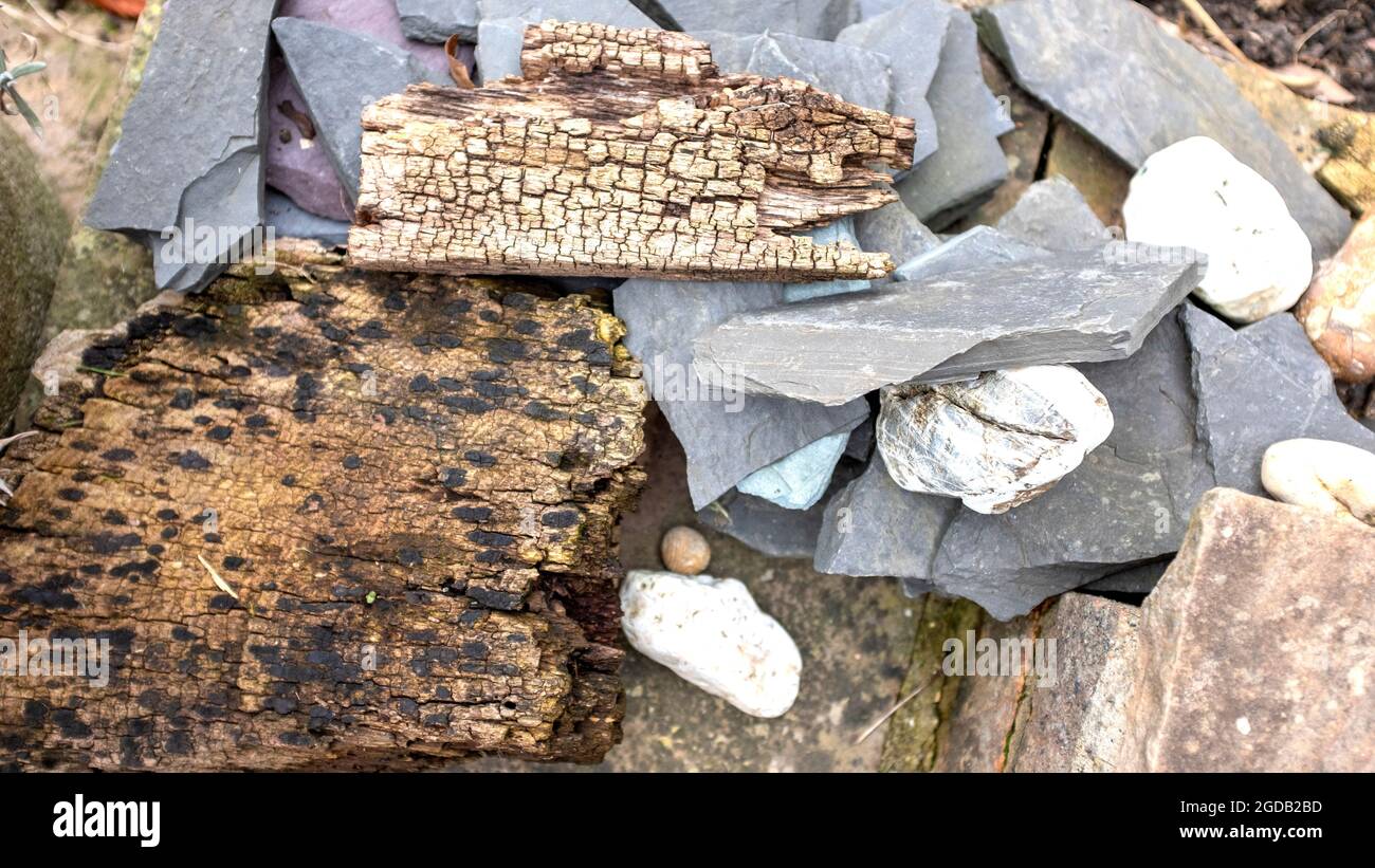 Bark, wood chips, slate and stones Stock Photo - Alamy