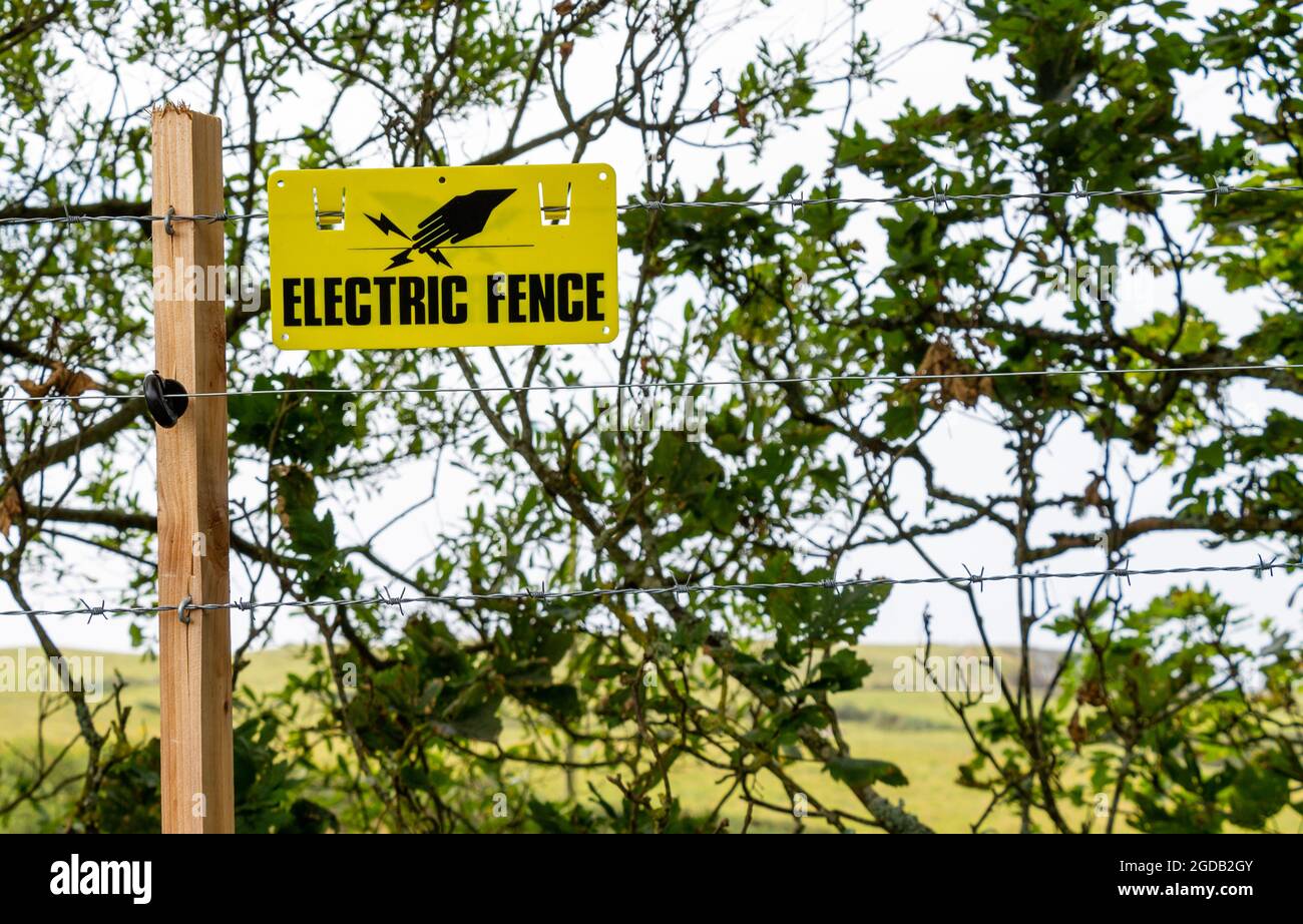 Warning Electric Fence Sign on barbed wire fence Stock Photo