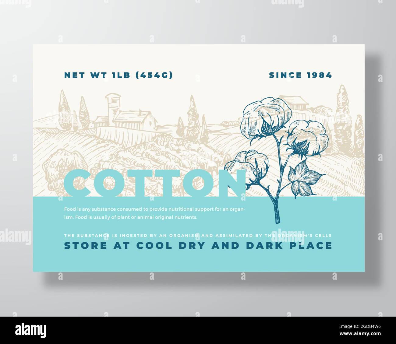 Cotton Label Template. Abstract Vector Packaging Design Layout. Modern Typography Banner with Hand Drawn Plant Branch with Flowers and Rural Landscape Stock Vector