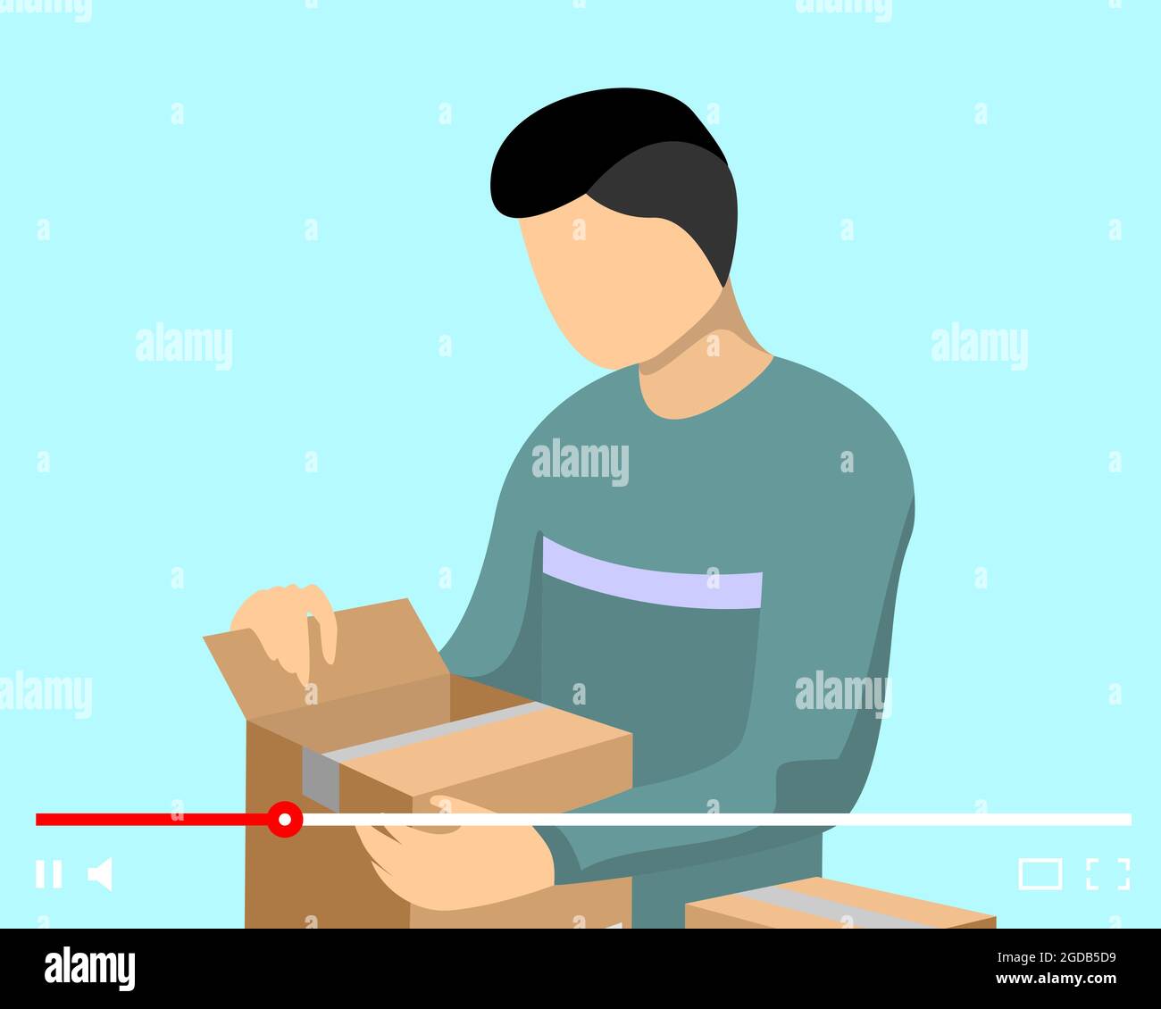 Blogger man parcel unpacking content on online video player interface. Vlogger unboxing cardboard purchase web streaming. Product review live stream. Male influencer broadcast channel eps illustration Stock Vector