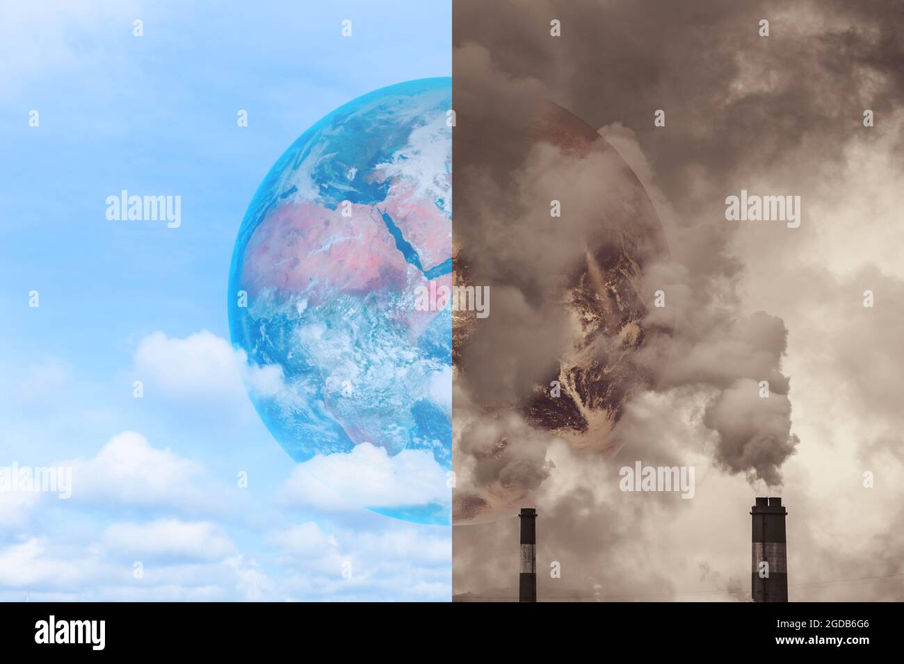 Pollution Earth compare with Clean Earth for Greenhouse effect and Global warming crisis Awareness concept.Elements of this image furnished by NASA. Stock Photo
