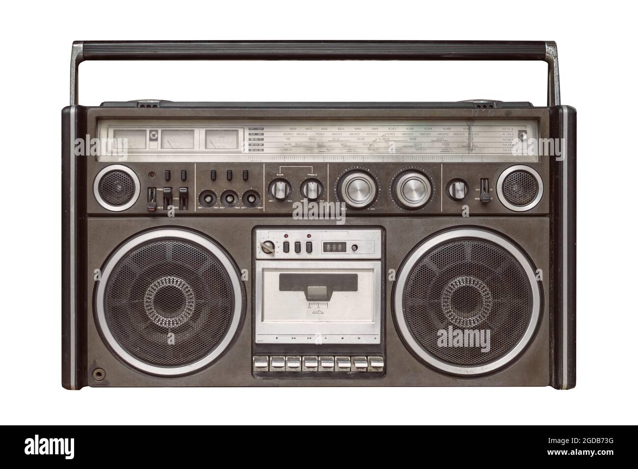Old radio AM FM front face cassette tape player isolated on white background with clipping path. Stock Photo
