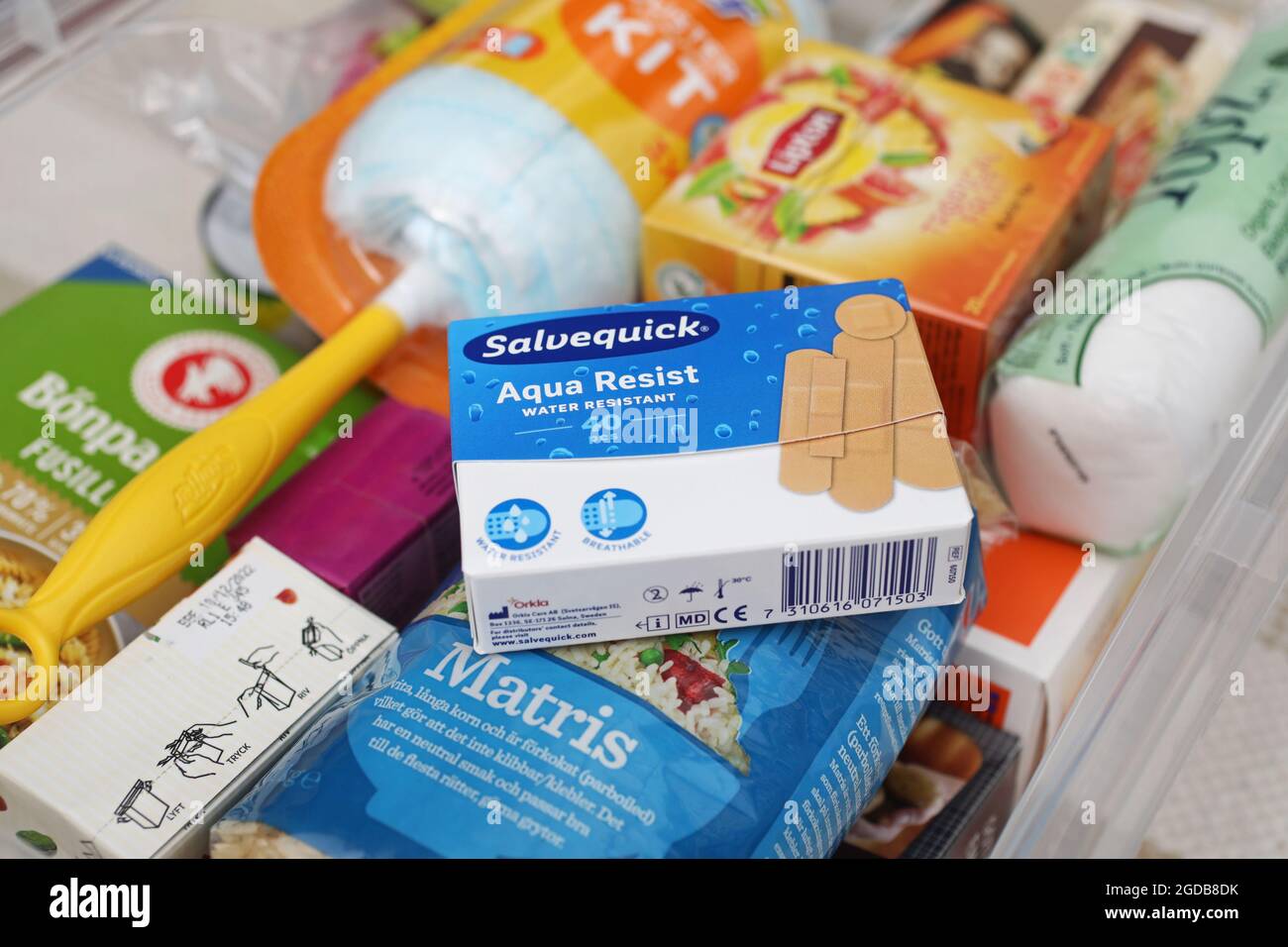 A box of food and other things when a young person moves away from home. Stock Photo