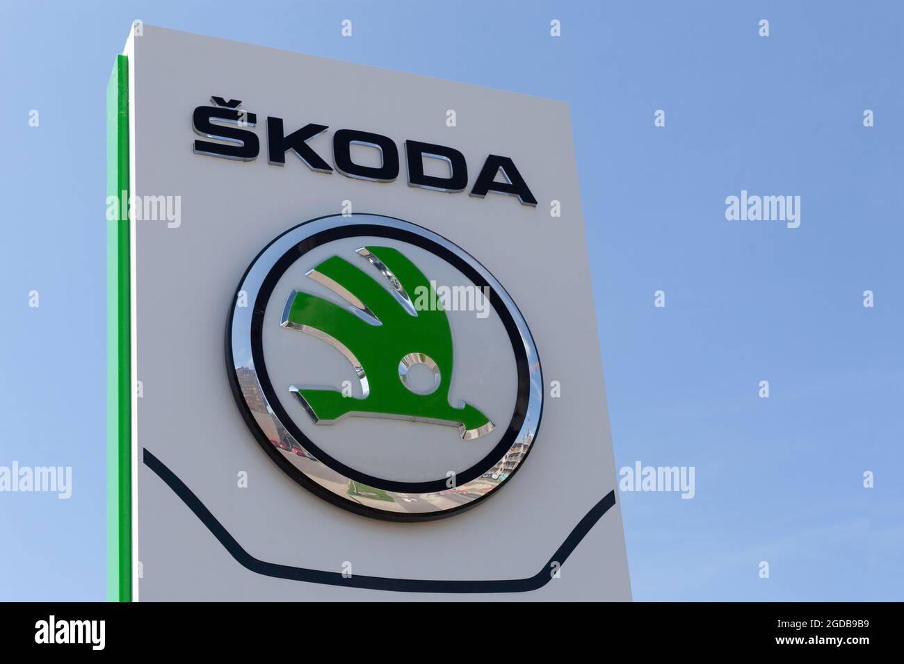 Poznan, POLAND - Jul 30, 2021: Skoda dealership sign in front of the showroom. Stock Photo