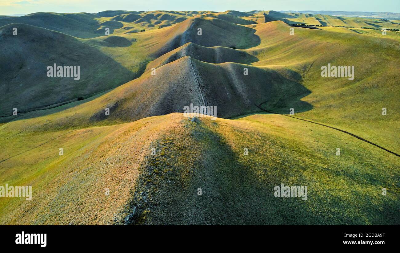 Aerial View of the Long Mountains Ridge. The beginning of the Ural mountains. Orenburg region. Stock Photo