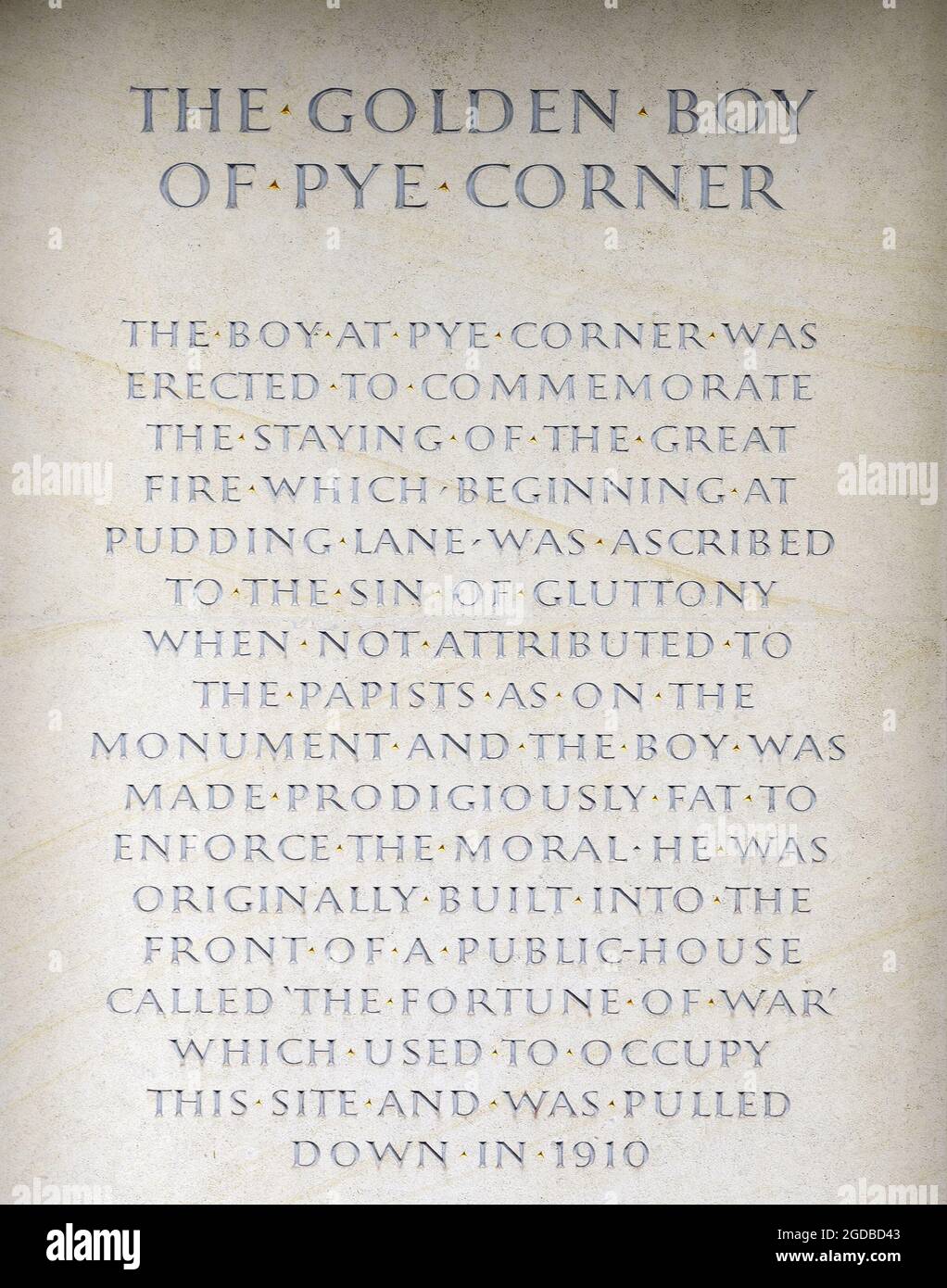 London, England, UK. The Golden Boy of Pye Corner - monument to commemorate the end of the Great Fire of London. Originally known as the 'Fat Boy', on Stock Photo