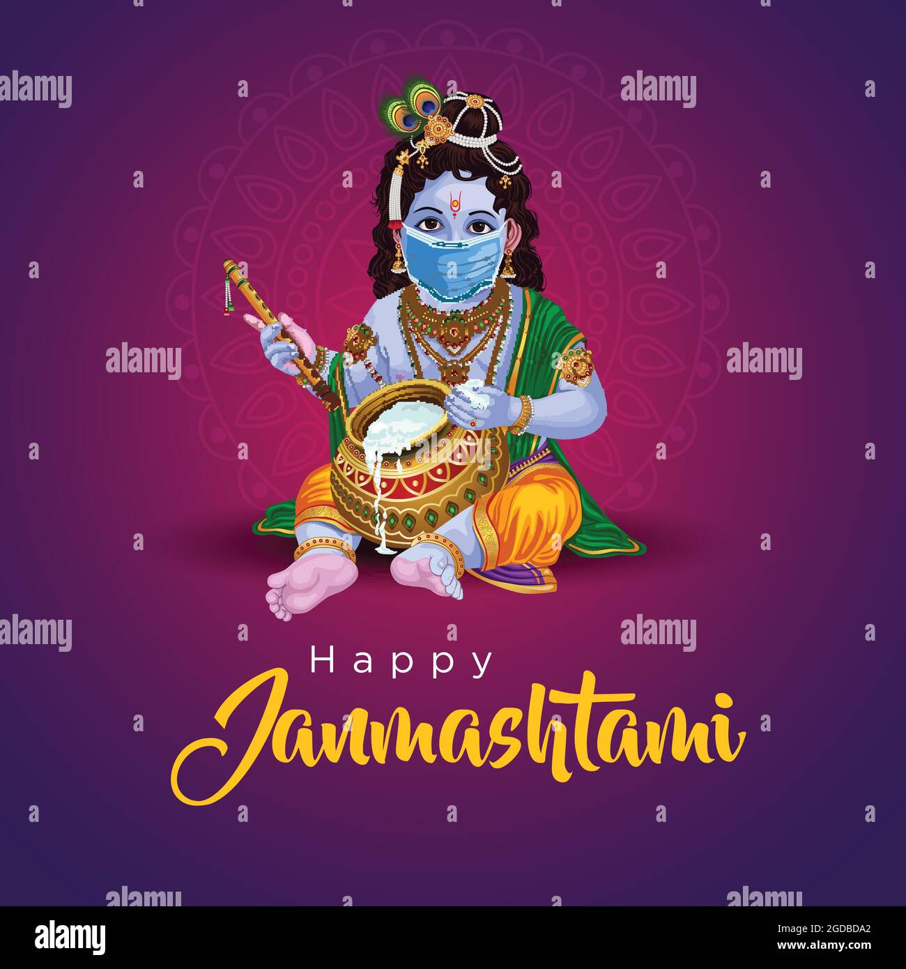 Little Krishna with flute and pot, happy Janmashtami yellow ...