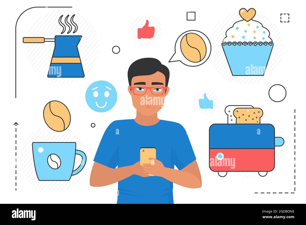 People cook food online vector illustration. Cartoon man user character in  glasses holding smartphone, using recipe
