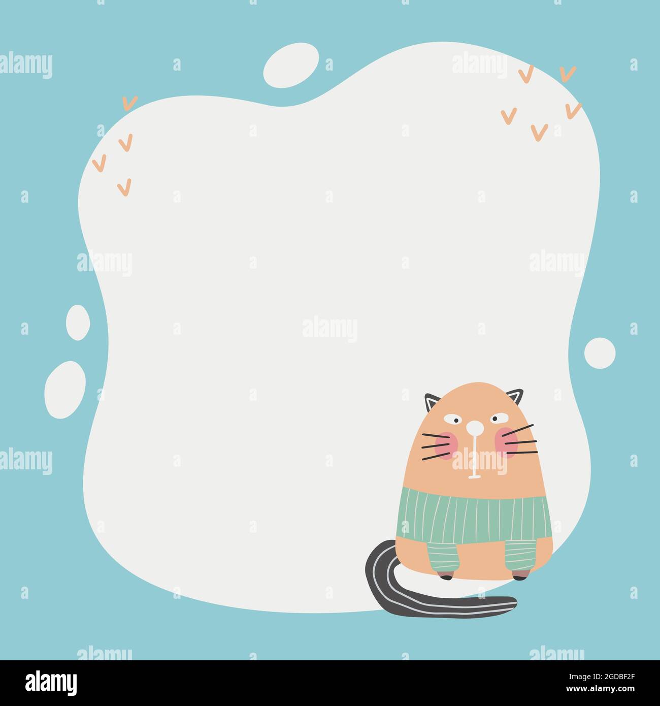 Cute cat with a blot frame in simple cartoon hand-drawn style. Template for your text or photo. Ideal for cards, invitations, party, kindergarten, pre Stock Vector