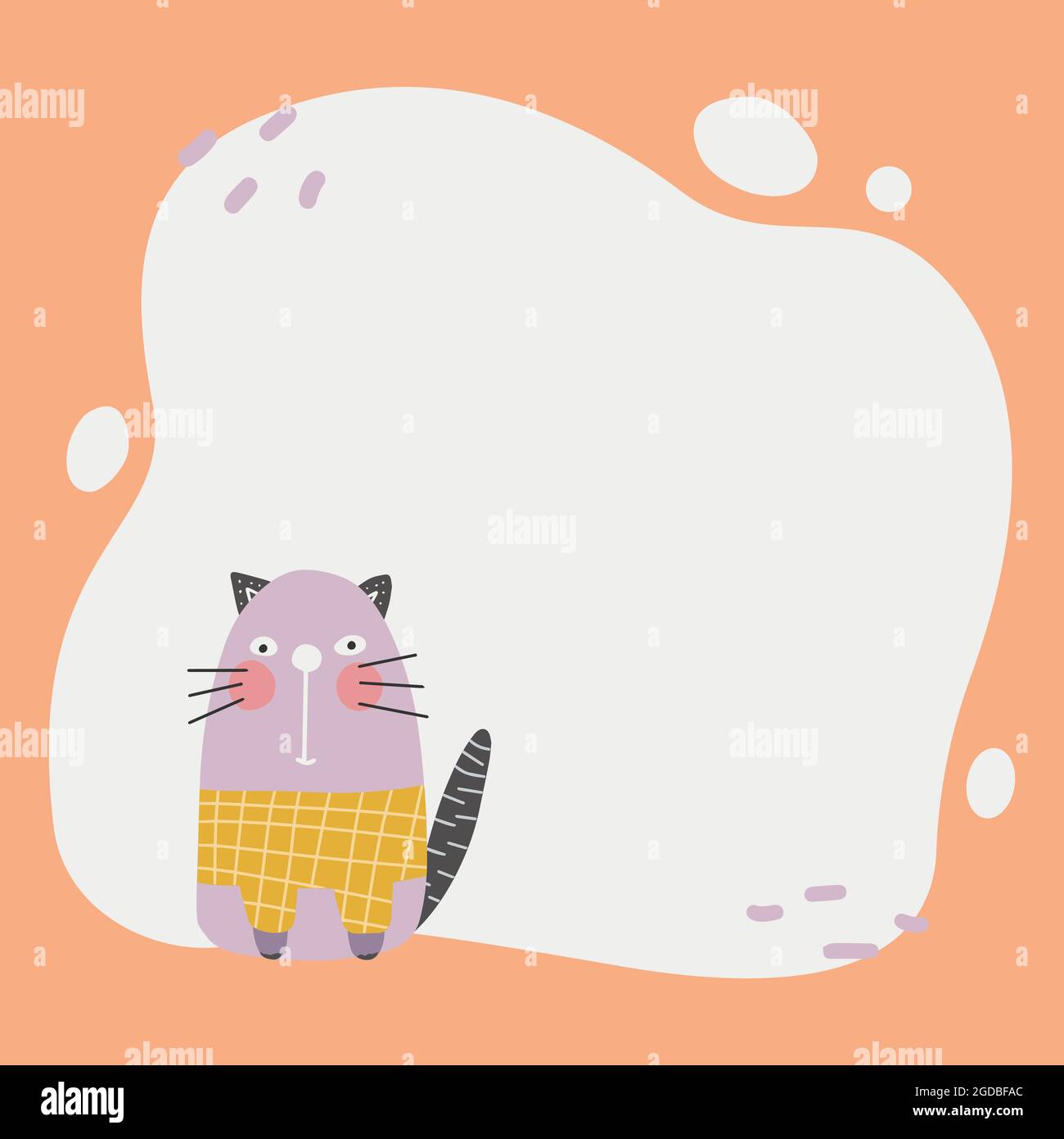 Cute cat with a blot frame in simple cartoon hand-drawn style. Template for your text or photo. Ideal for cards, invitations, party, kindergarten, pre Stock Vector