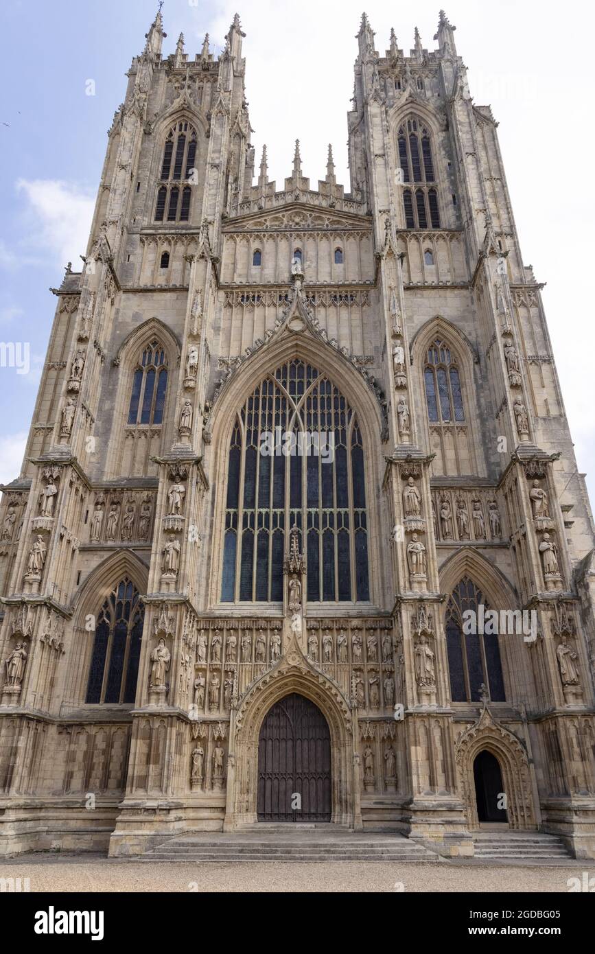 Beverley Minster, Yorkshire UK, the 11th century gothic parish church in Beverley, seen from the exterior West doors with 18th century carvings, Stock Photo