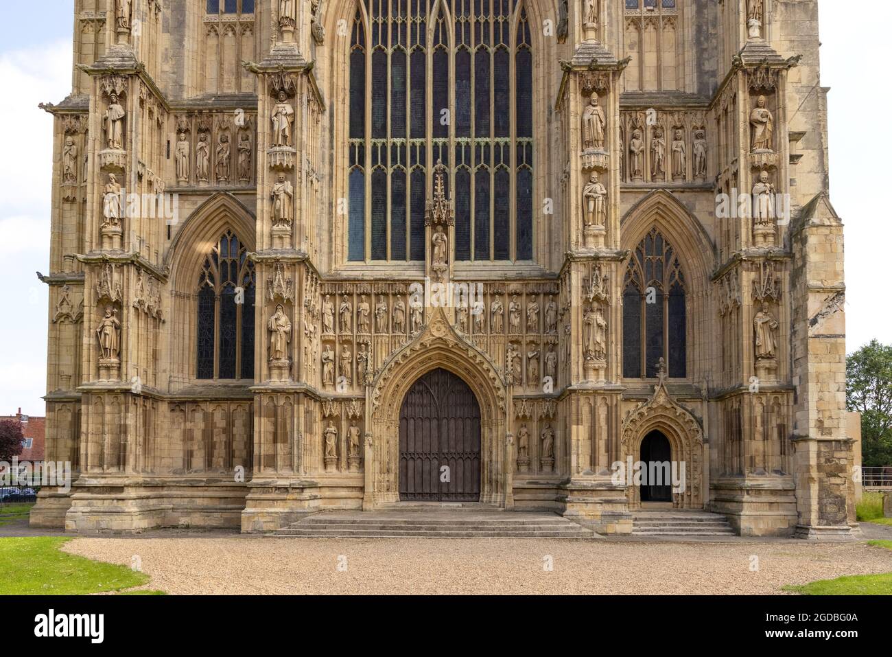 Beverley Minster, Yorkshire UK, the 11th century gothic parish church in Beverley, seen from the exterior West doors with 18th century carvings, Stock Photo