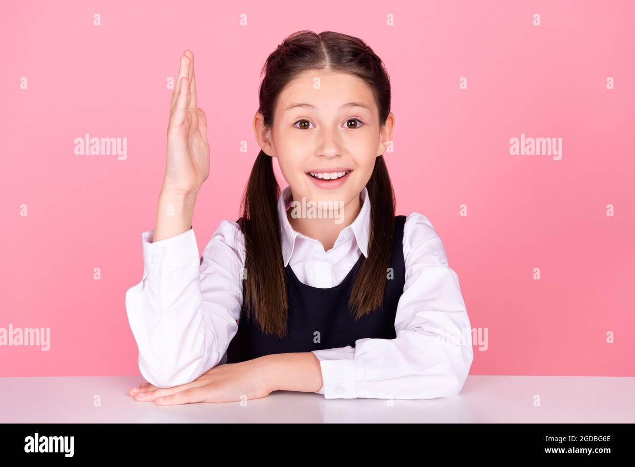 Photo portrait little girl with tails sitting at desk at school smiling ...
