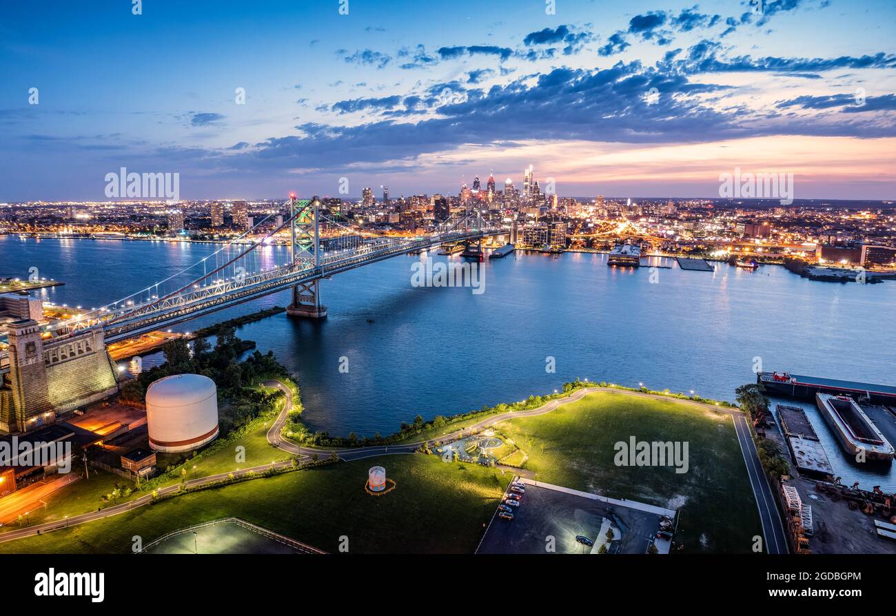 Aerial panorama with Ben Franklin Bridge and Philadelphia skyline Stock Photo