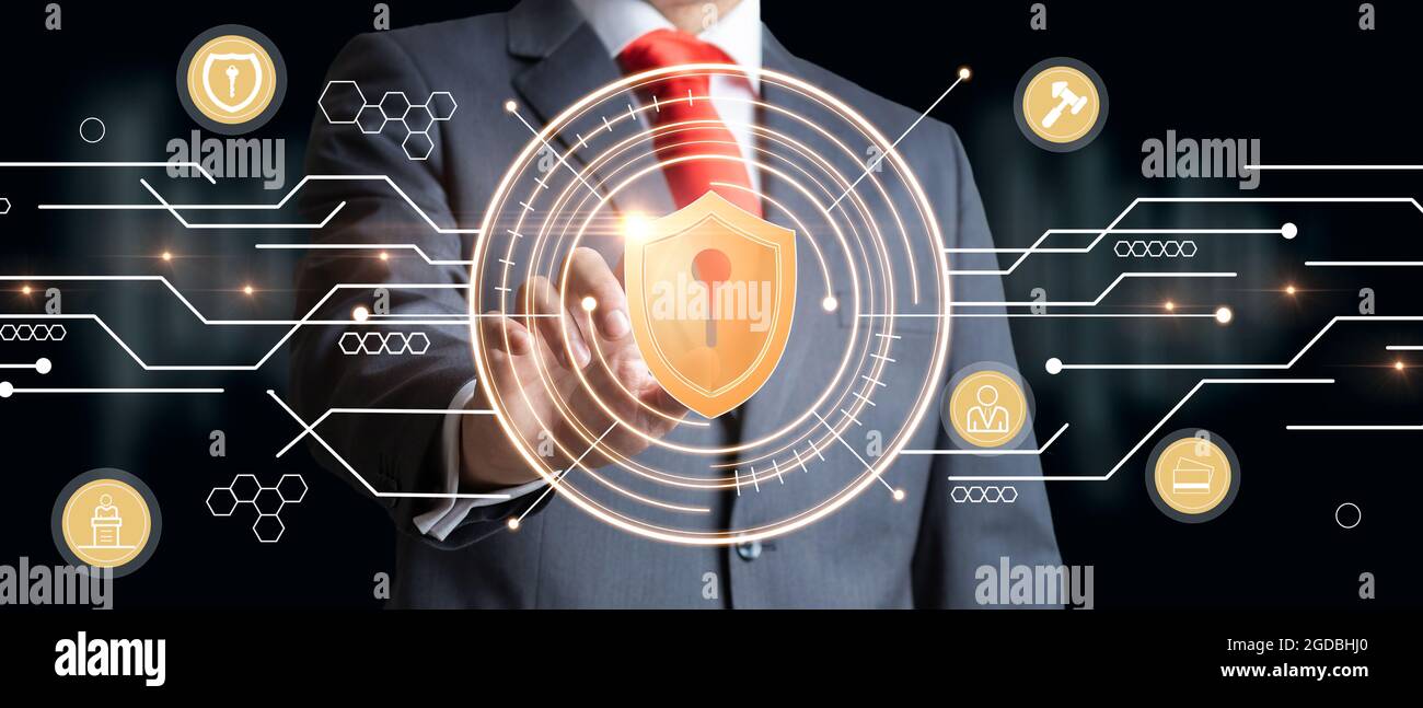 Businessman touching the security symbol as a concept of security of services and customer protection. Legal protection concept Stock Photo