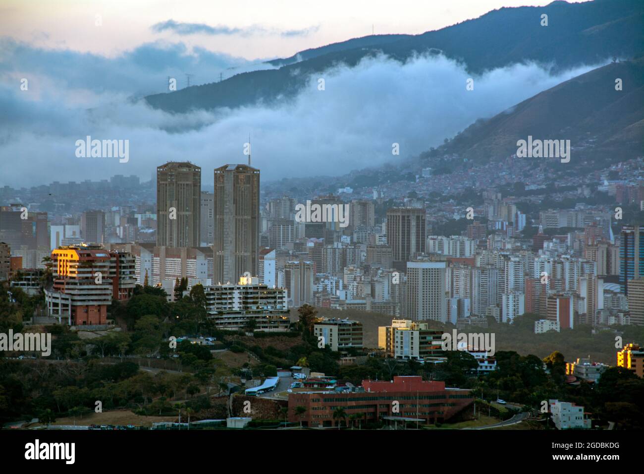 View of the city of Caracas, Venezuela and the twin towers of Central Park. Stock Photo
