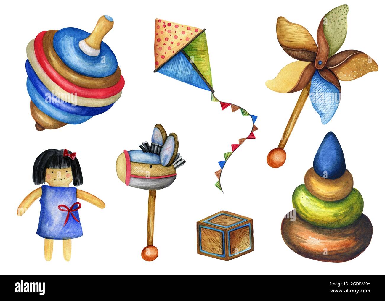 Watercolor Kids Toys Clipart. Wooden Toys Clipart Stock Photo