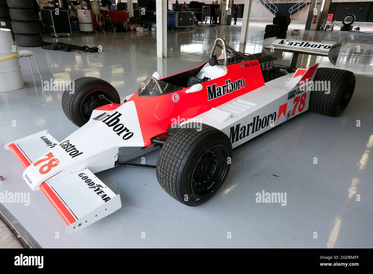 Warren Briggs 1980, Red and White McLaren M29, formerly driven by John Watson, in the International Pits, at the 2021 Silverstone Classic Stock Photo