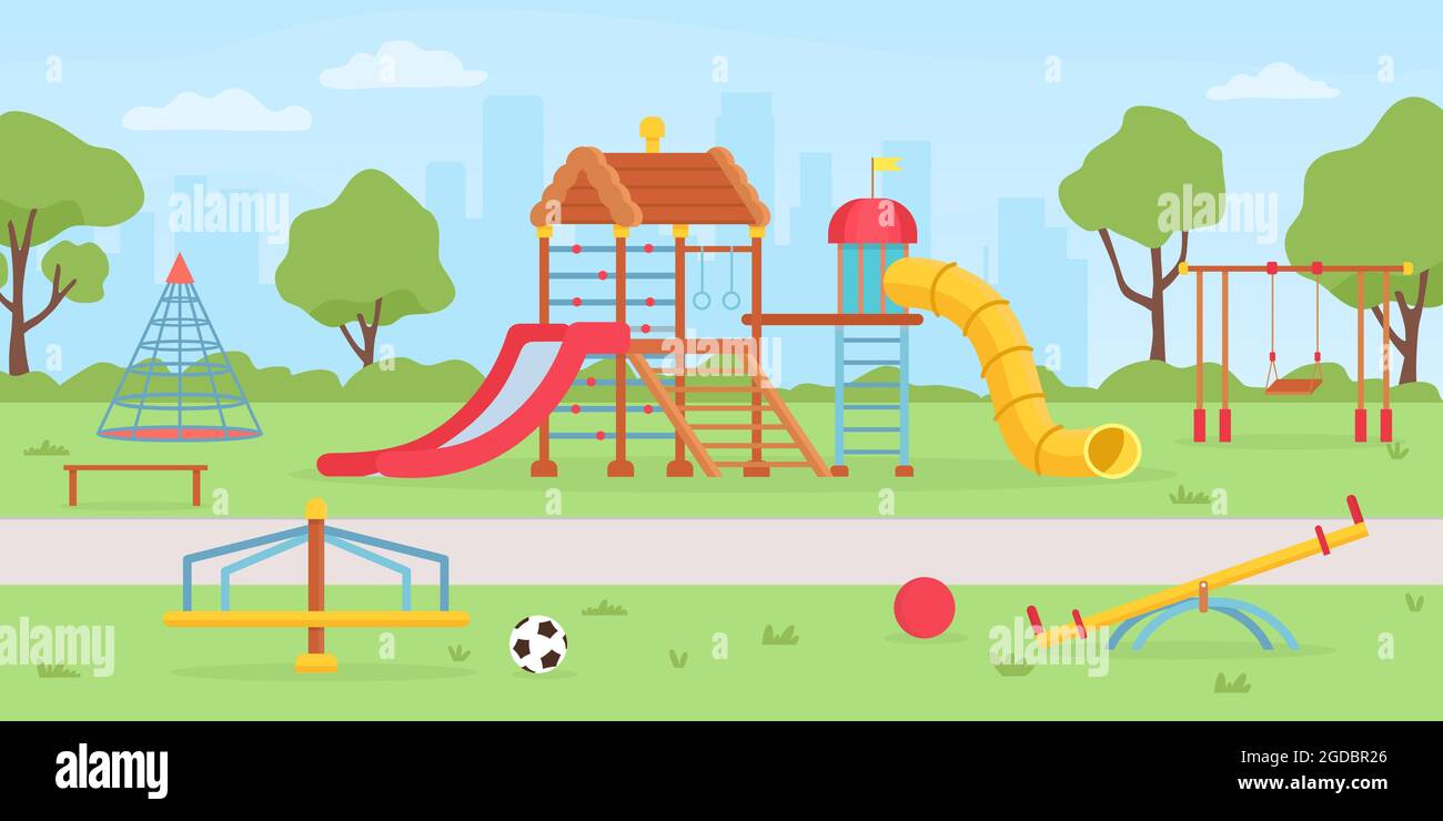 Playground at park. School or kindergarten background with sandbox, playhouse, swings and slides. Summer kids playground vector landscape Stock Vector